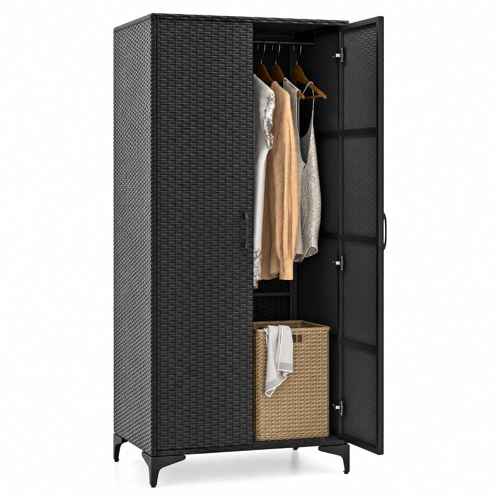 Furnibear 62 Inch Wicker Wardrobe with 2 Doors PE Rattan Closet with Hanging Rod for Bedroom Closet Clothes Wardrobe Storage Hanging, Black