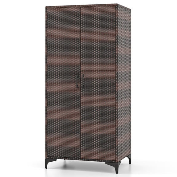 Furnibear 62 Inch Wicker Wardrobe with 2 Doors and Hanging Rod, PE Rattan Portable Closet Storage Organizer for Bedroom Small Space, Brown