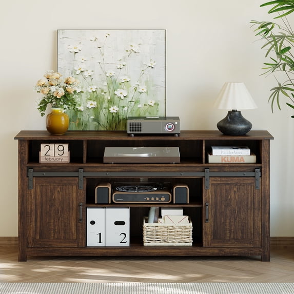 Furnibear LED Farmhouse TV Stand for 70/65/60 Inch TVs,Entertainment Center Storage Cabinets with Power Outlets and Sliding Barn Door,Rustic TV Stands for Living Room,Media Console Cabinet,Dark Brown