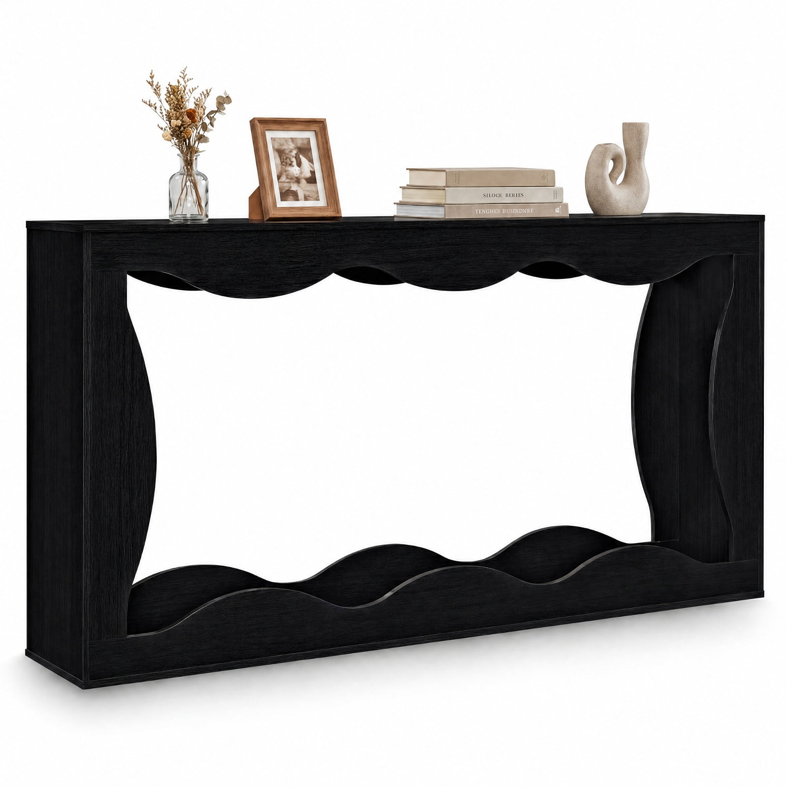 Furnibear 63 Inch Long Narrow Console Table 2 Tier Entryway Table with Wavy Edge Storage Shelf for Hallway Living Room, Black