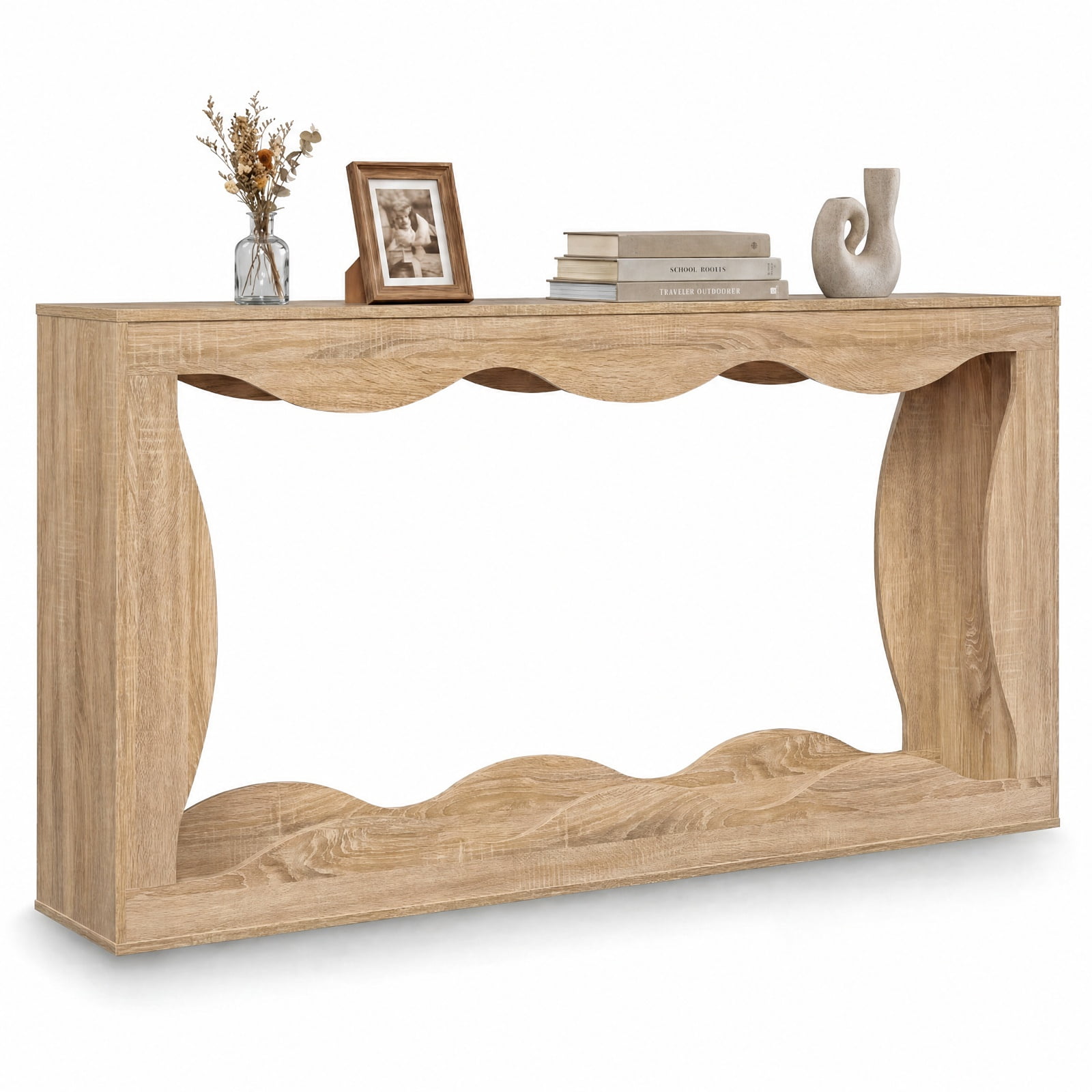 Furnibear 63 Inch Long Narrow Console Table 2 Tier Entryway Table with Wavy Edge Storage Shelf for Hallway Living Room, Natural