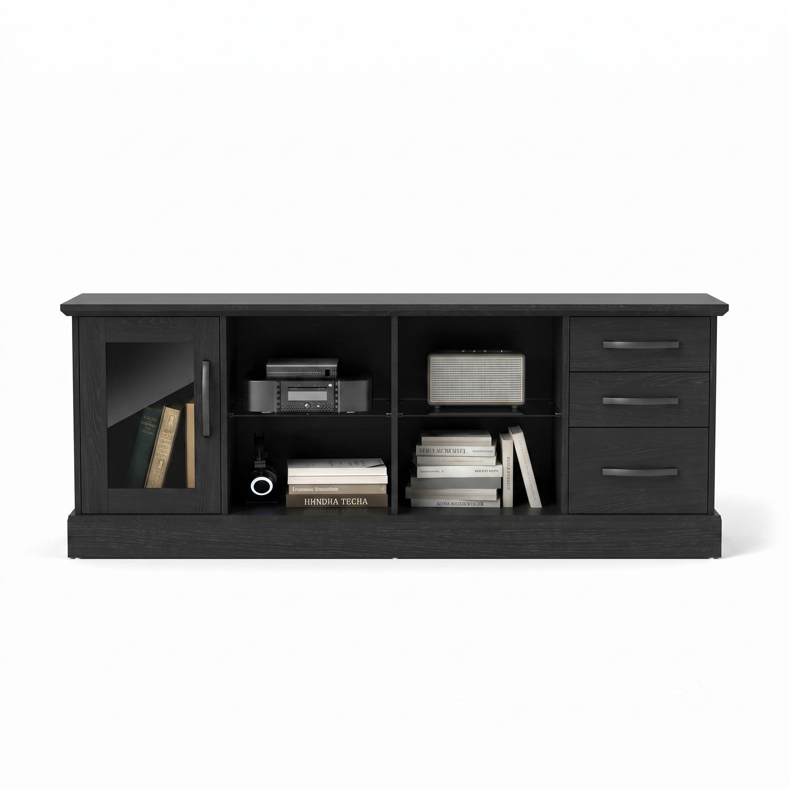 Furnibear 63 Inch Media Console TV Stand for TVs up to 73", Modern Entertainment Center with 3 Drawers, 2 Removable Glass Shelves & Cable Management for Living, Black