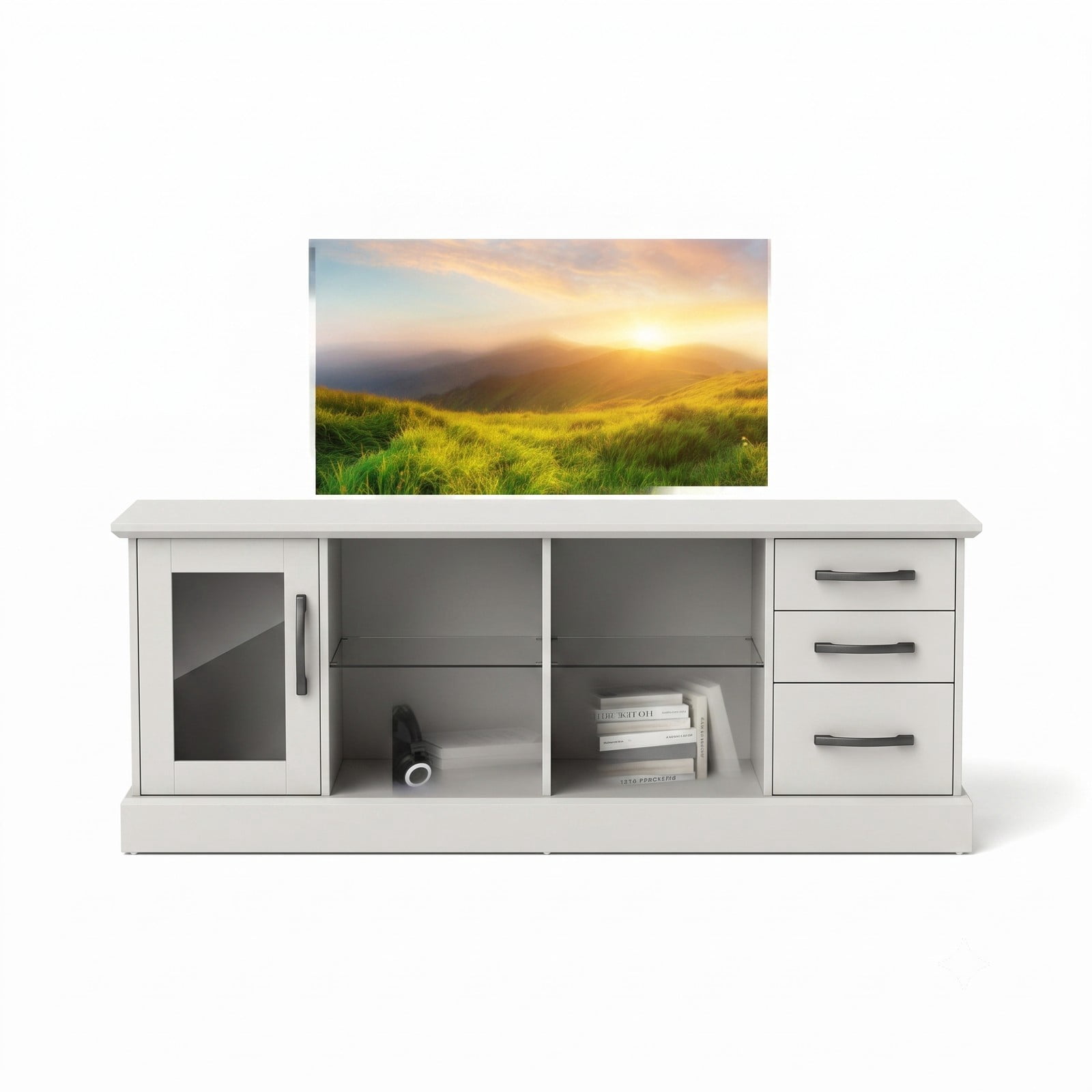 Furnibear 63 Inch Media Console TV Stand for TVs up to 73", Modern Entertainment Center with 3 Drawers, 2 Removable Glass Shelves & Cable Management for Living, Gray