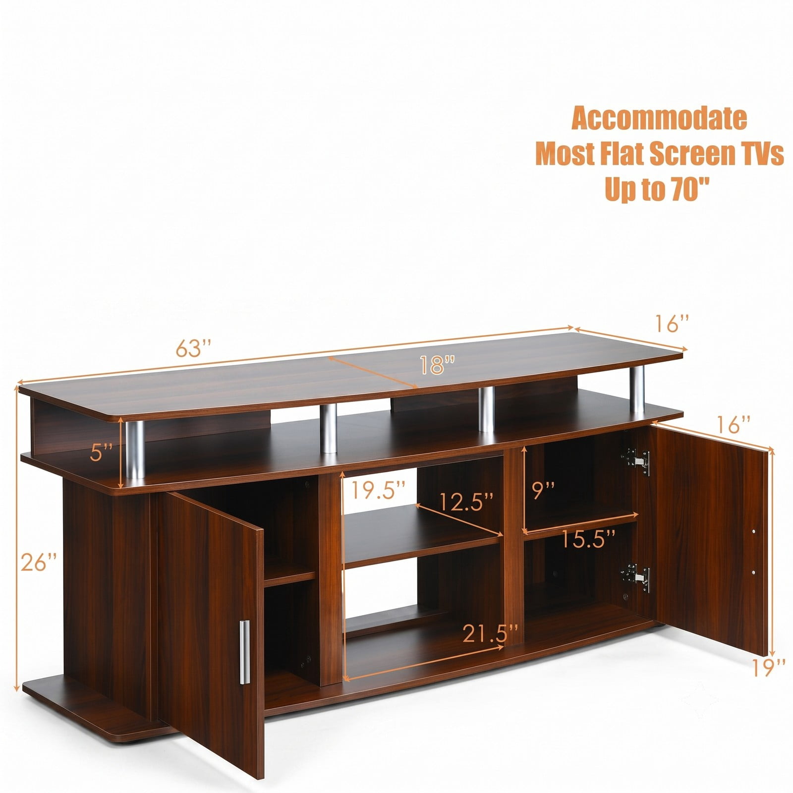Furnibear 63 Inch TV Stand Entertainment Center for TVs up to 70 Inch, Modern Media Console with 2 Storage Cabinets and Open Shelves, Fireplace-Ready Wood TV, Walnut