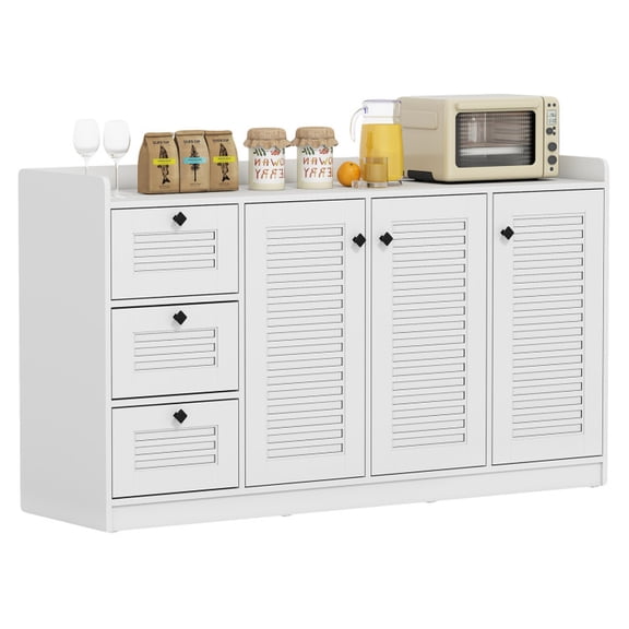 Furnibear 63" Modern Buffet Sideboard Credenza Cabinet with 3 Drawers and Adjustable Shelves for Kitchen Dining Room - White
