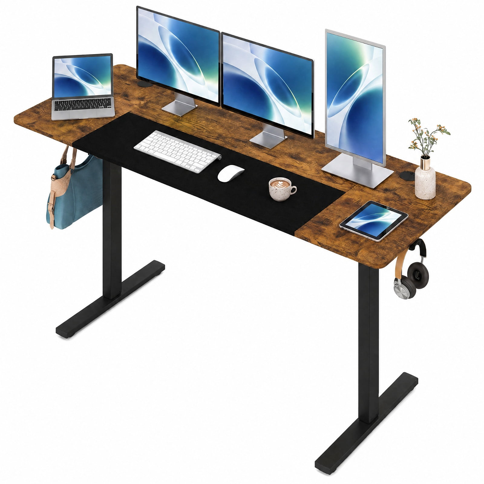 Furnibear 63 x 24 Inch Height Adjustable Sit Stand Computer Desk with 3 Memory Presets for Home Office Study Computer Writing, Rustic Brown