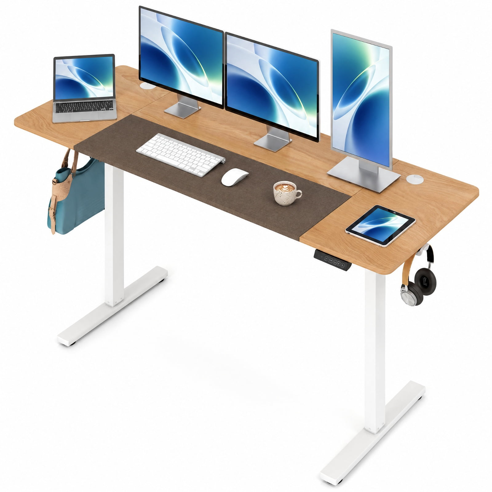 Furnibear 63 x 24 Inch Height Adjustable Sit Stand Computer Desk with 3 Memory Presets for Home Office Study Computer Writing Workstation, Natural