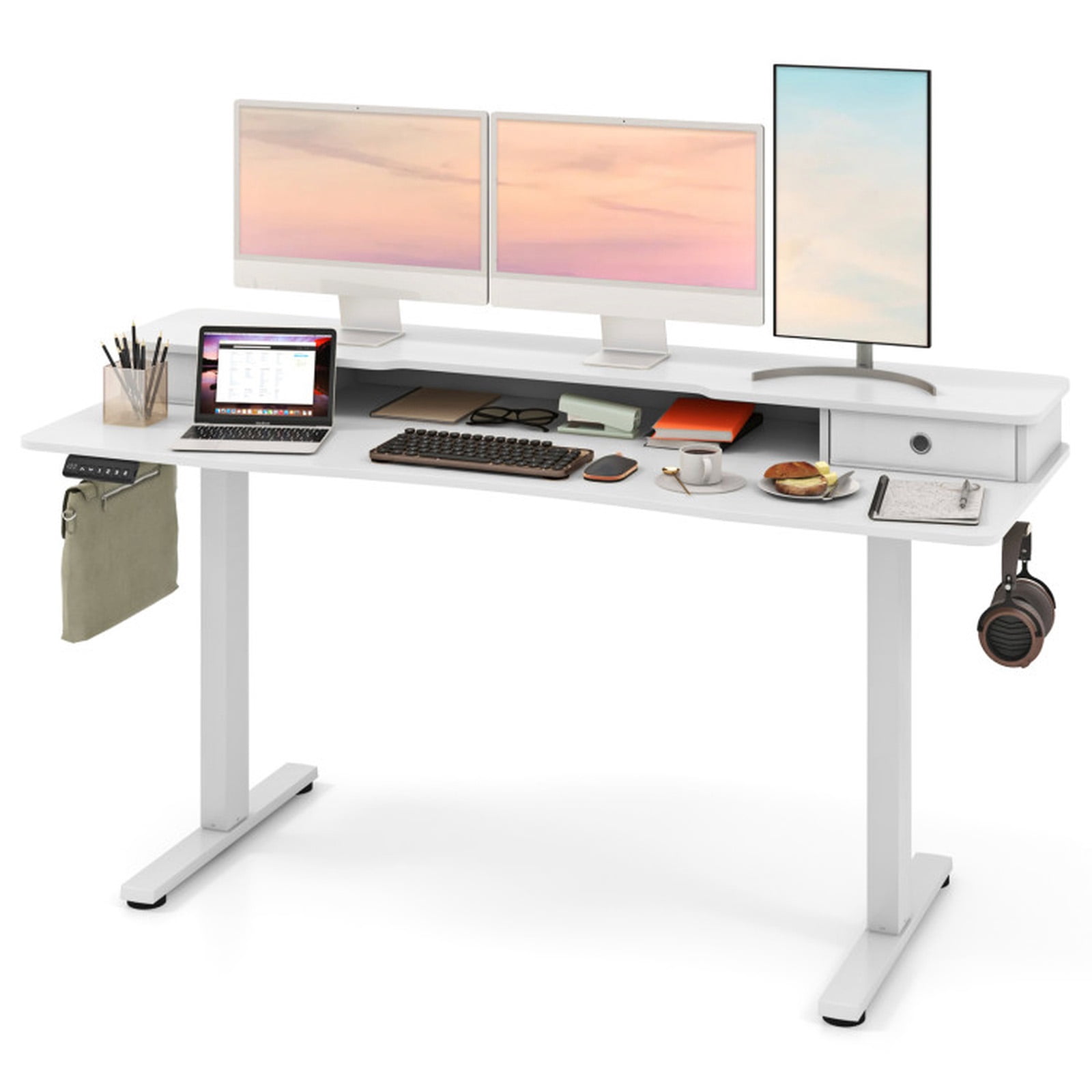 Furnibear 63 x 24 Inch Large Electric Standing Desk with 2 Drawers Monitor Stand Memory Presets Anti-Collision White