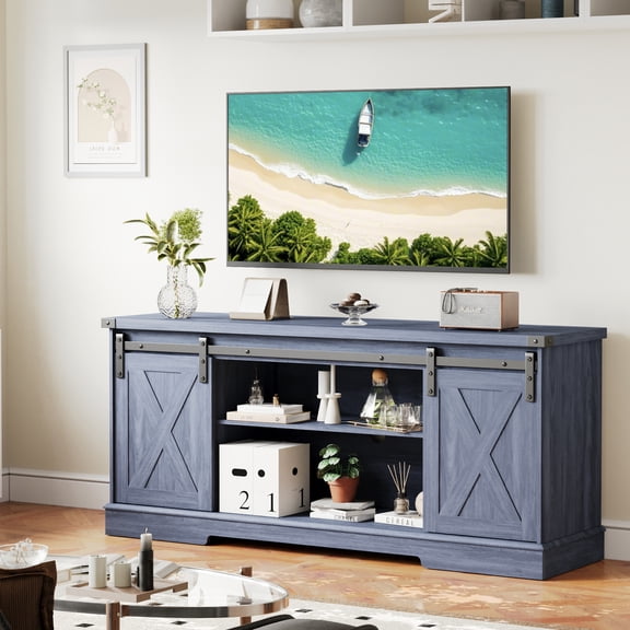 Furnibear Farmhouse TV Stand for 65/60/55 Inch TVs, Entertainment Center with Storage Cabinets and Barn Doors,Media TV Console Table Cabinet for Living Room Bedroom,Gray
