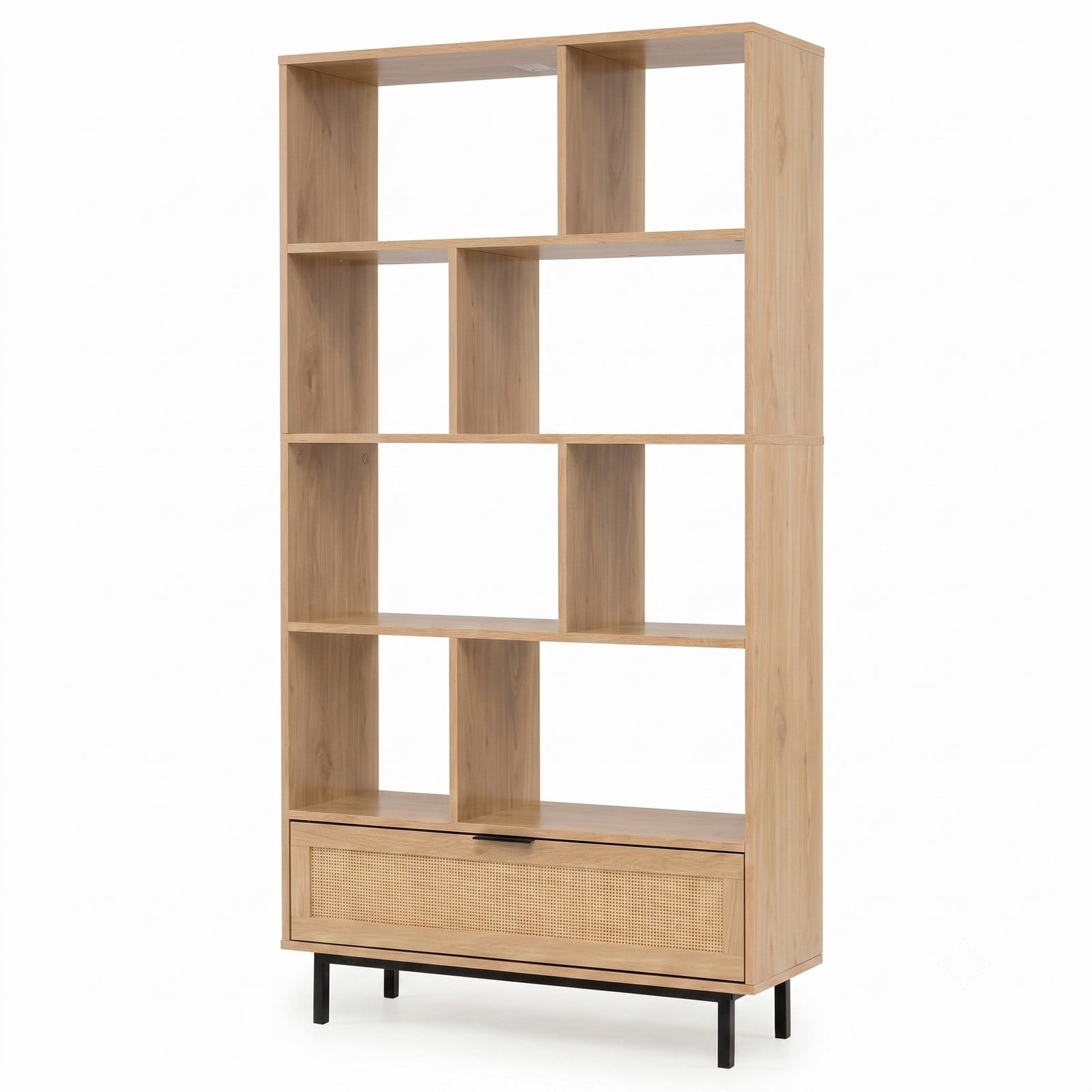 Furnibear 64 inch 6-Tier Tall Wooden Bookcase with 8 Open Cubes and Drawer, Freestanding Cube Storage Bookshelf with Rattan Accents and Anti-Tip Kit for, Natural
