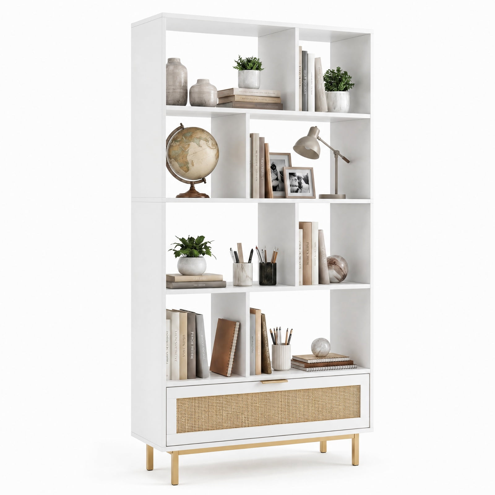 Furnibear 64 inch 6-Tier Tall Wooden Bookcase with 8 Open Cubes for Living Room Home Office Bedroom Display Storage Shelf, White
