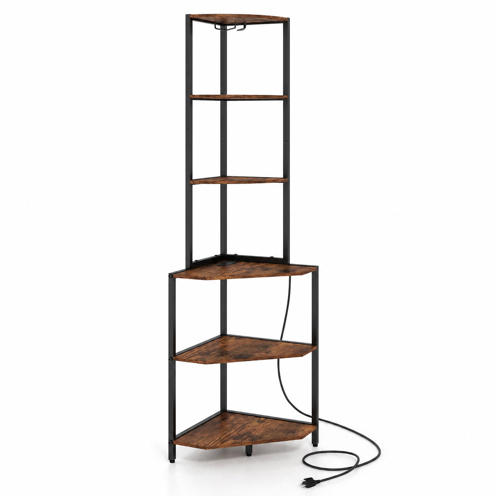 Furnibear 65 Inch 6-Tier Corner Shelf with Charging Station and Ambience Light for Living Room Home Office Bedroom Display Storage Shelf, Rustic Brown