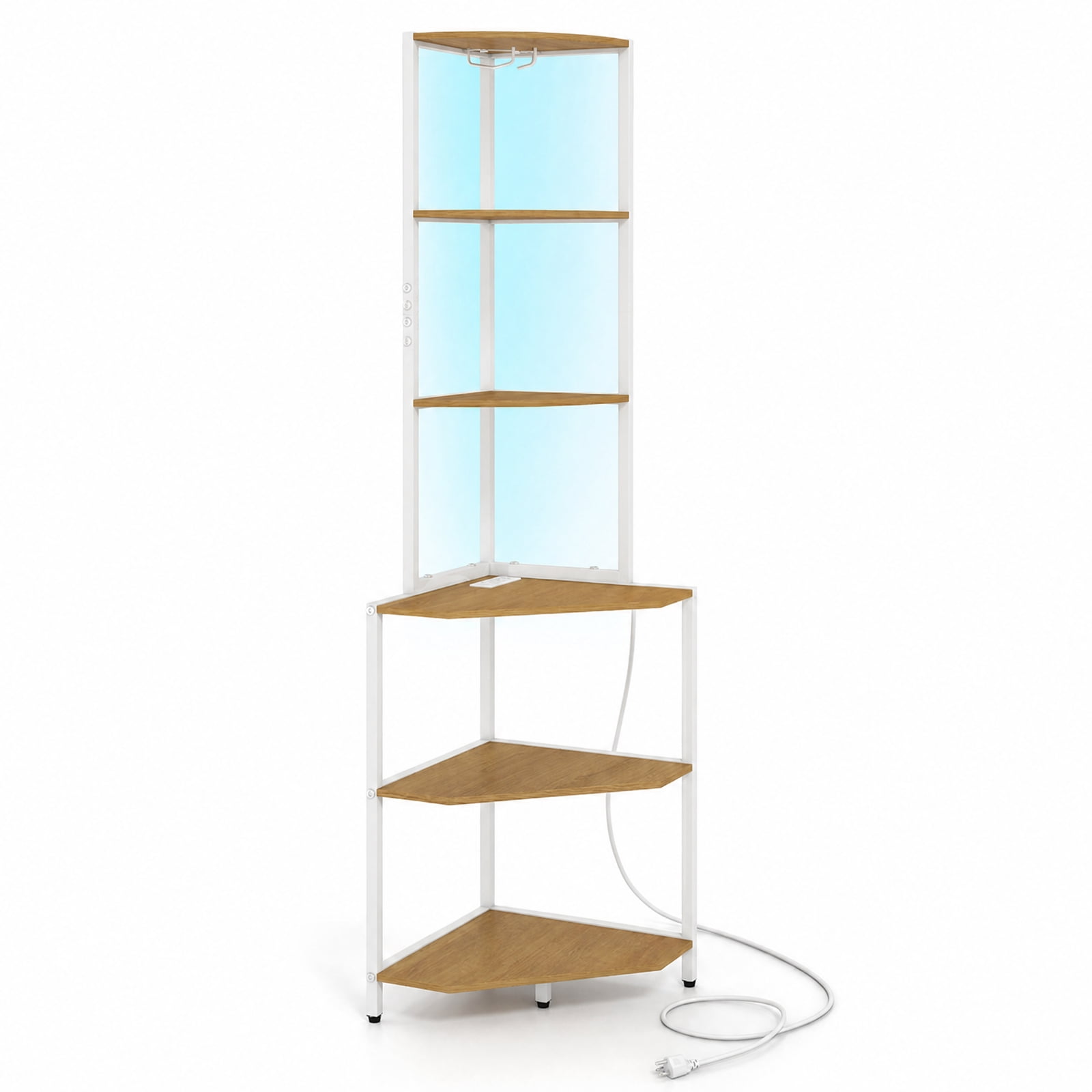 Furnibear 65 Inch 6-Tier Corner Shelf with Charging Station and Ambience Light for Living Room Home Office Bedroom Display Storage Shelf, Natural
