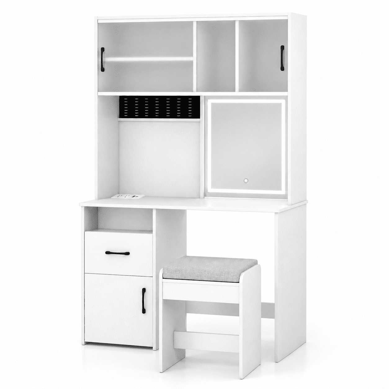 Furnibear Makeup Vanity Desk with Mirror and Charging Station, 67 Inch Tall Vanity Set with Lights and Cushioned Stool, White