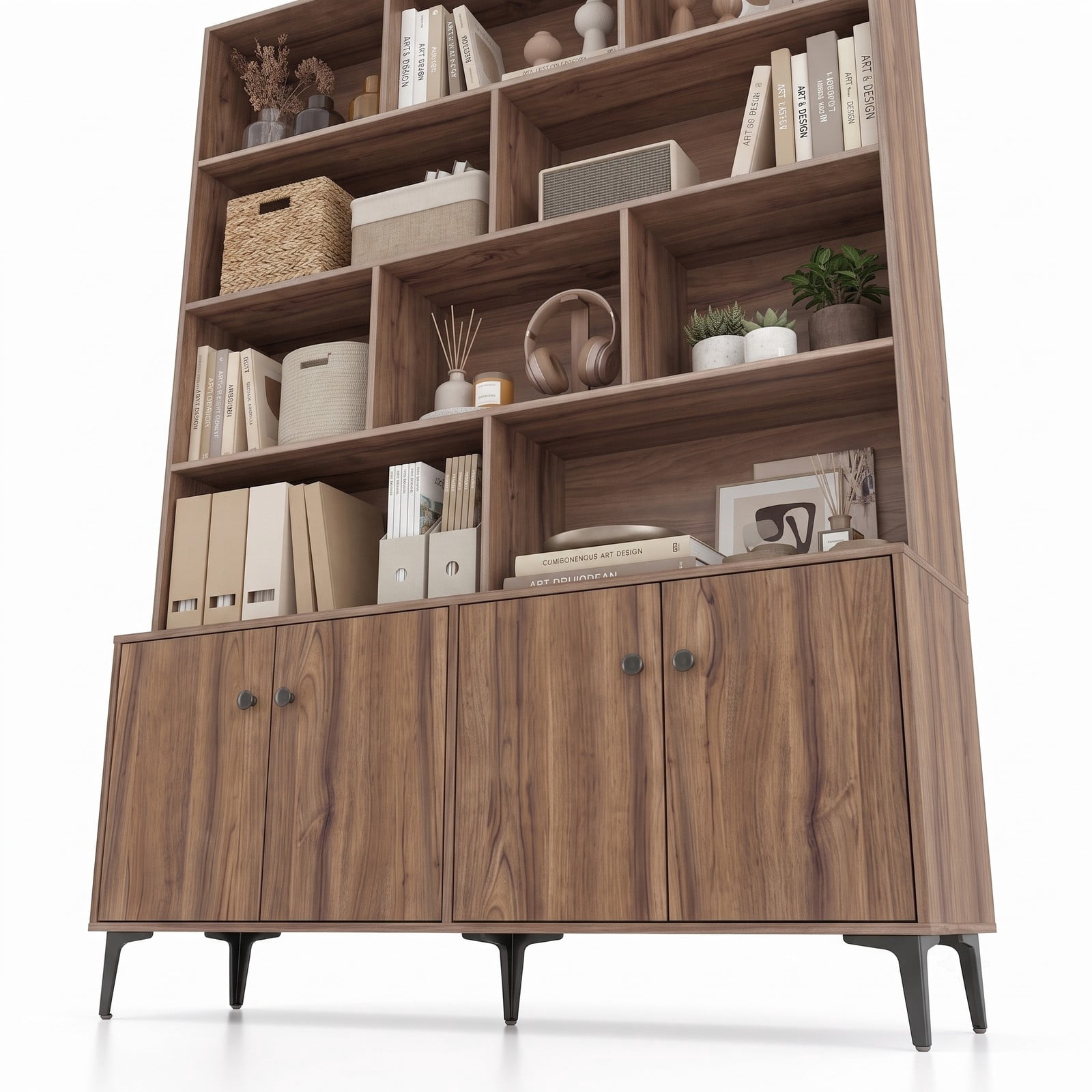 Furnibear 68.5" Tall Bookshelf with 4 Doors and Open Display Shelves, Freestanding Bookcase Storage Cabinet with Anti-Tipping Kits and Metal Legs for Home, Walnut