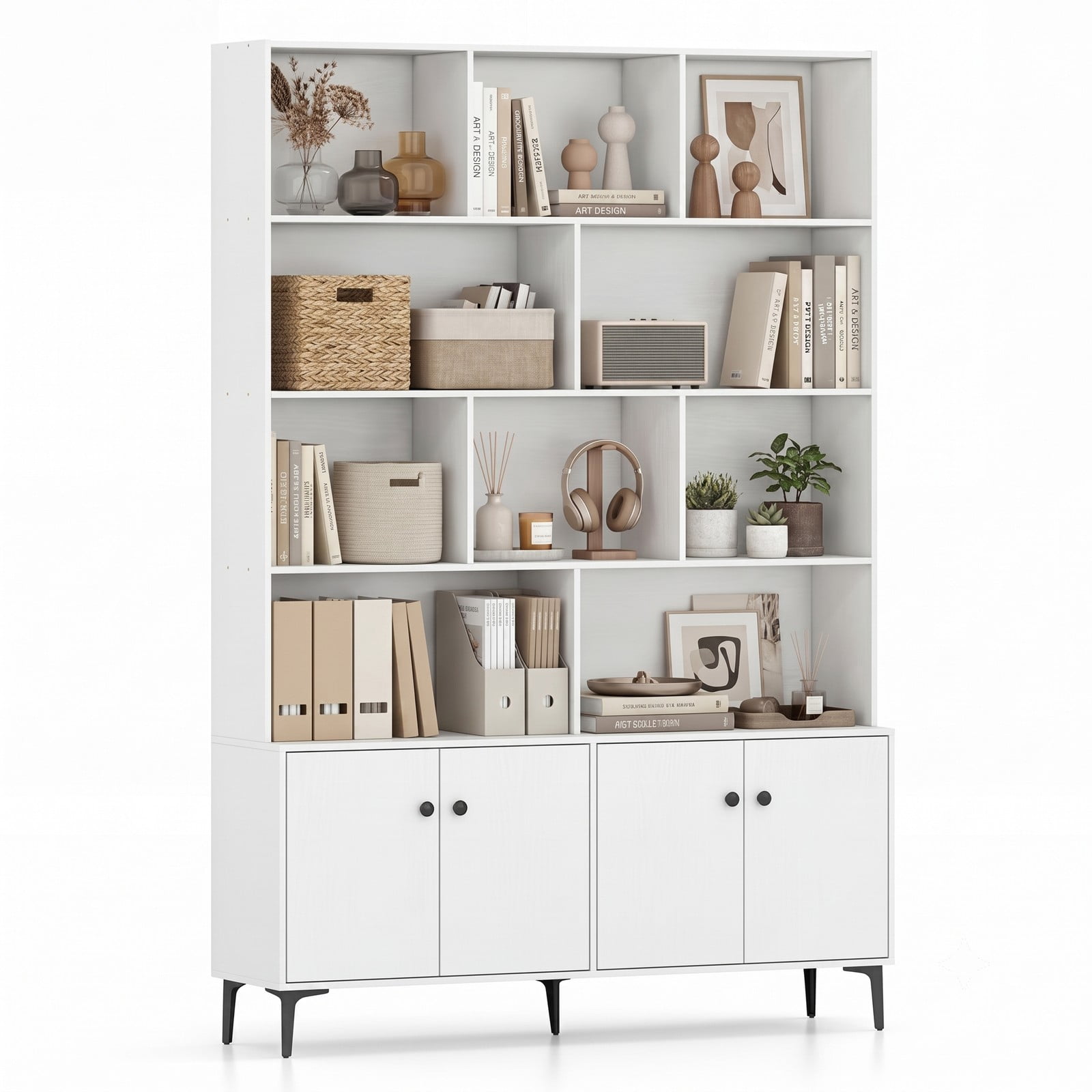 Furnibear 68.5" White Bookshelf with 4 Doors and Open Shelves, Tall Freestanding Bookcase Storage Cabinet with Anti-Tipping Kits and Metal Legs for Home Office, White