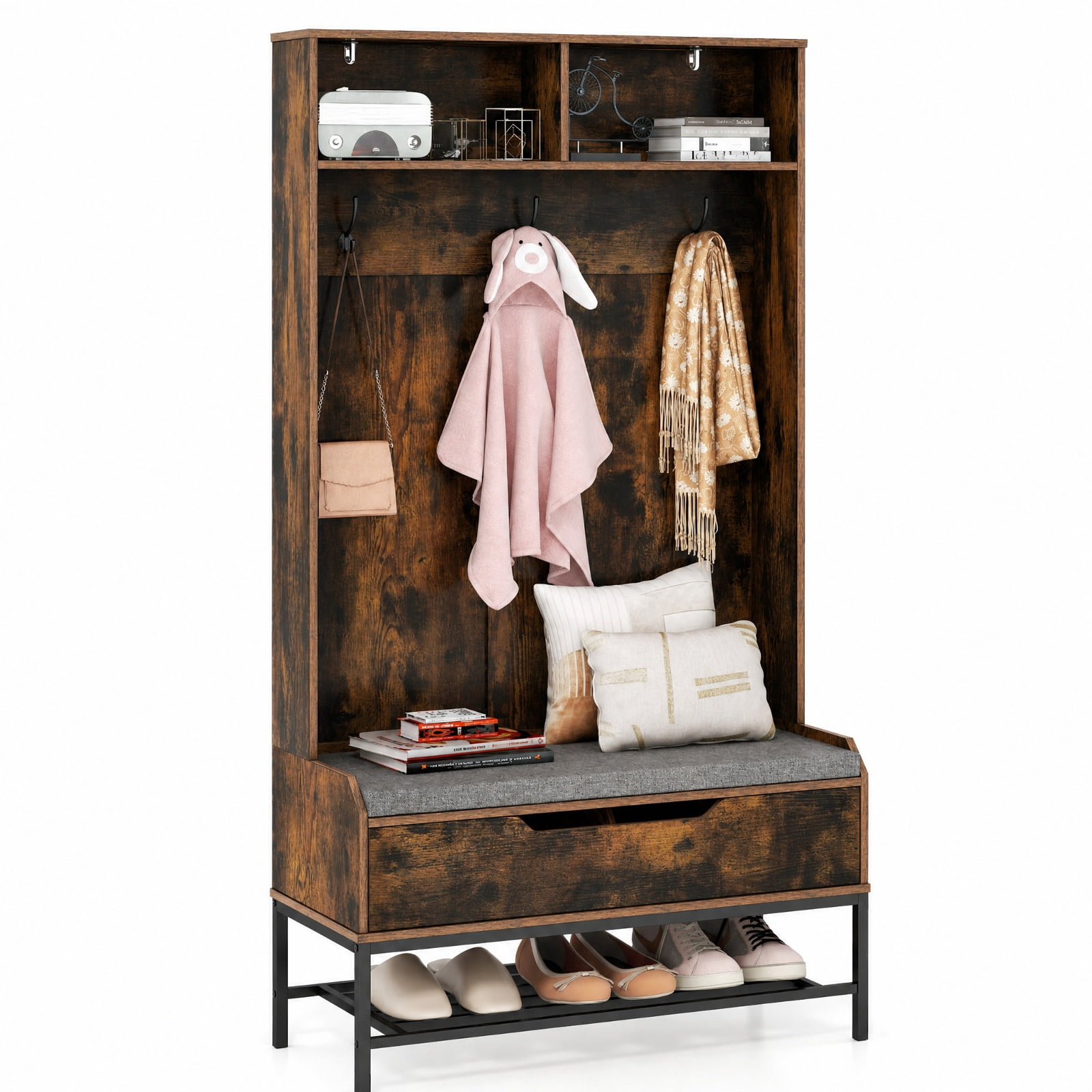 Furnibear 69 Inch Tall Hall Tree 4 in 1 Coat Rack with Cushioned Bench and Shoe Storage and Hooks for Entryway and Foyer, Rustic Brown