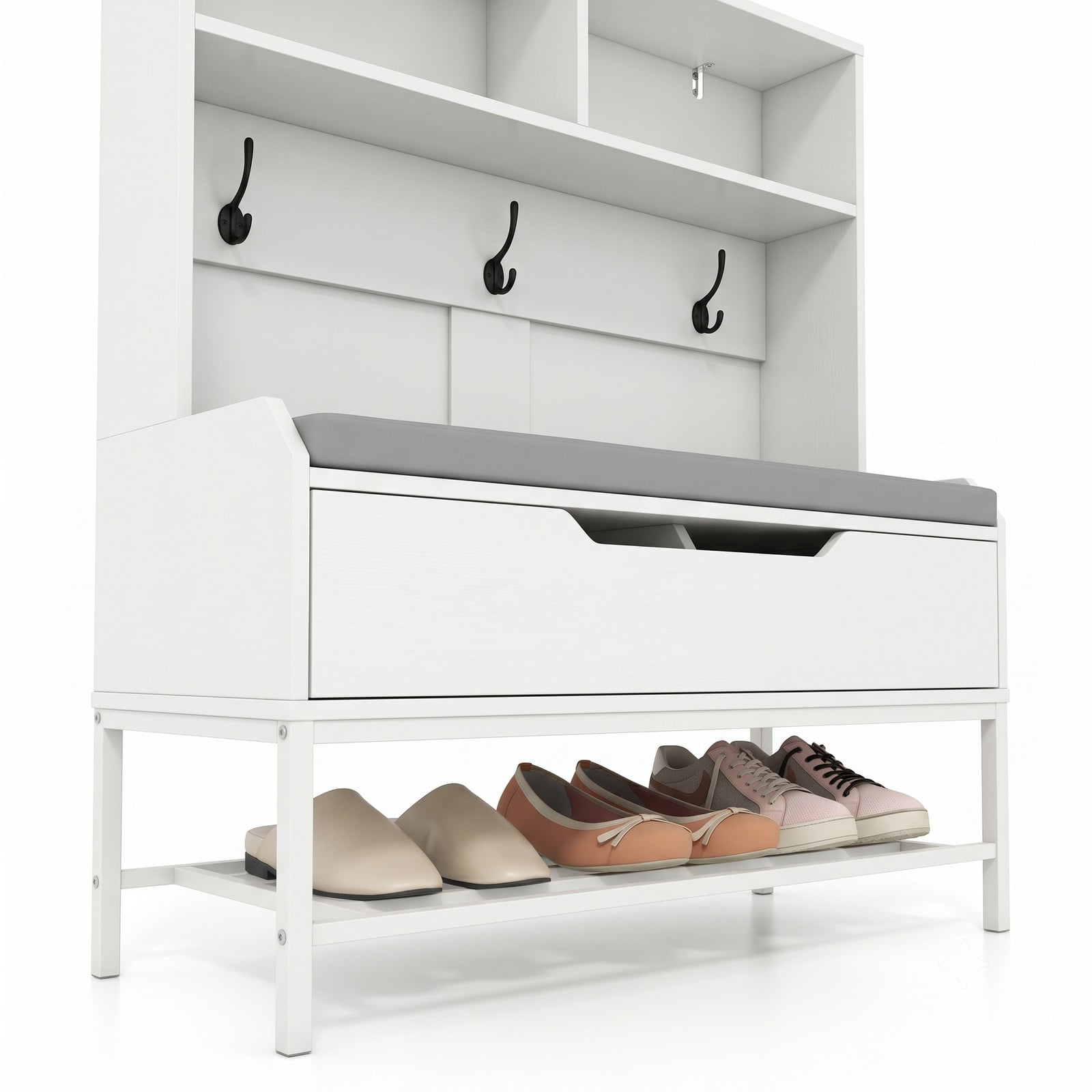 Furnibear 69 Inch Tall Hall Tree 4 in 1 Coat Rack with Cushioned Storage Bench 3 Hooks and Shoe Rack for Entryway, White