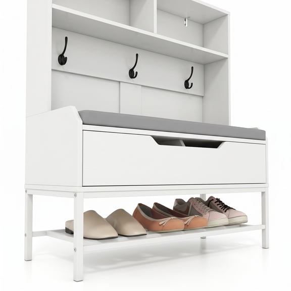 Furnibear 69 Inch Tall Hall Tree 4 in 1 Coat Rack with Cushioned Storage Bench 3 Hooks and Shoe Rack for Entryway, White