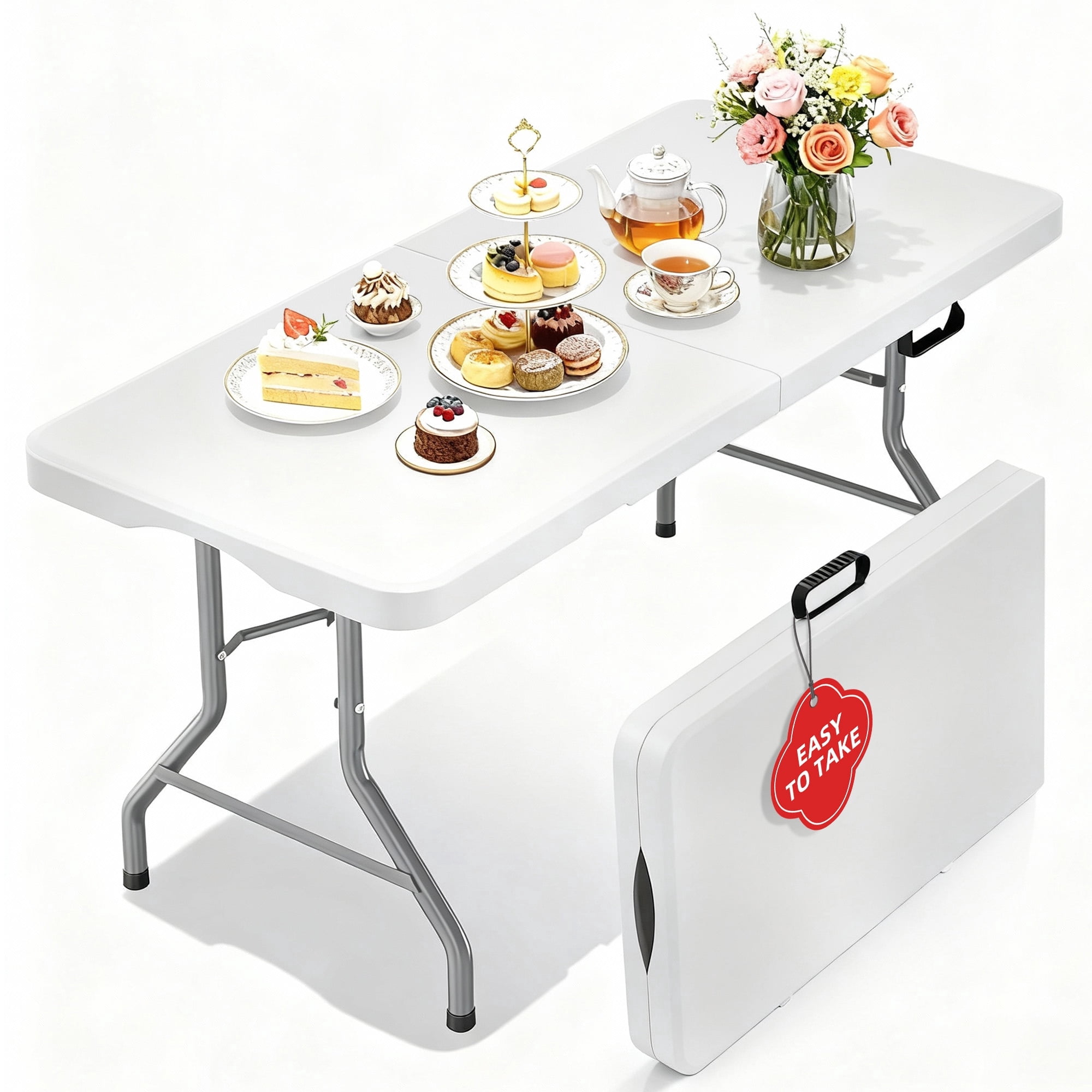 Furnibear 6FT Folding Table,Indoor Outdoor Portable Fold-in-Half Table with Carrying Handle for Picnic Party Camping,White