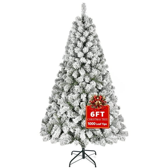 Furnibear 6ft Flocked Artificial Christmas Tree, 1000 Tips Unlit Snowy Tree with Automatic Fluffing