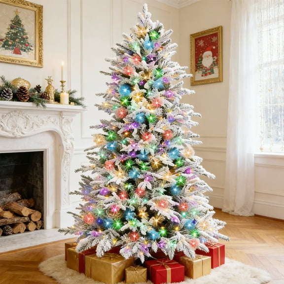 Furnibear 6ft Flocked Artificial Christmas Tree, Pre-Lit Christmas Trees with 300 LED Lights, White & Multicolor, Easy Setup, Ideal for Holiday Décor