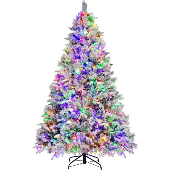 Furnibear 6ft Pre-Lit Flocked Christmas Tree, 1000 Tips with 250 Color Changing Lights & Auto Fluff