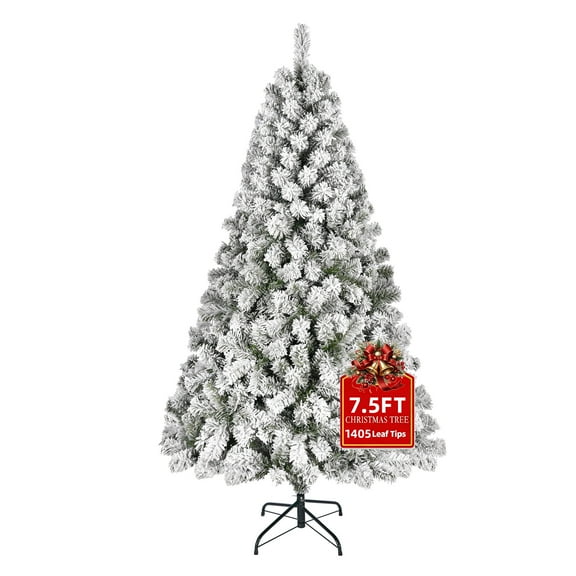 Furnibear 7.5ft Flocked Christmas Tree, 1405 Branch Tips Unlit Artificial Tree with Auto-Shaping