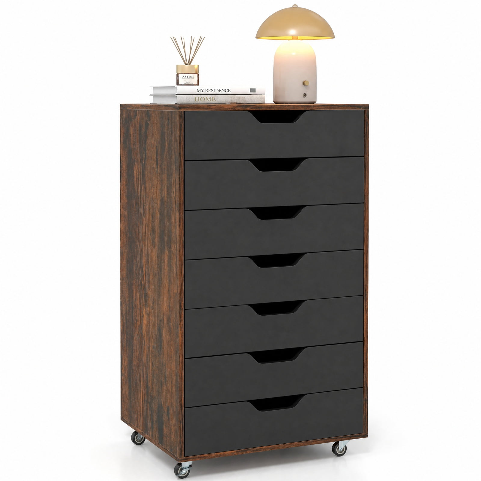 Furnibear 7-Drawer Chest Wooden Storage Dresser with Lockable Wheels for Home Office Filing Document Letter Legal Storage, Rustic Brown
