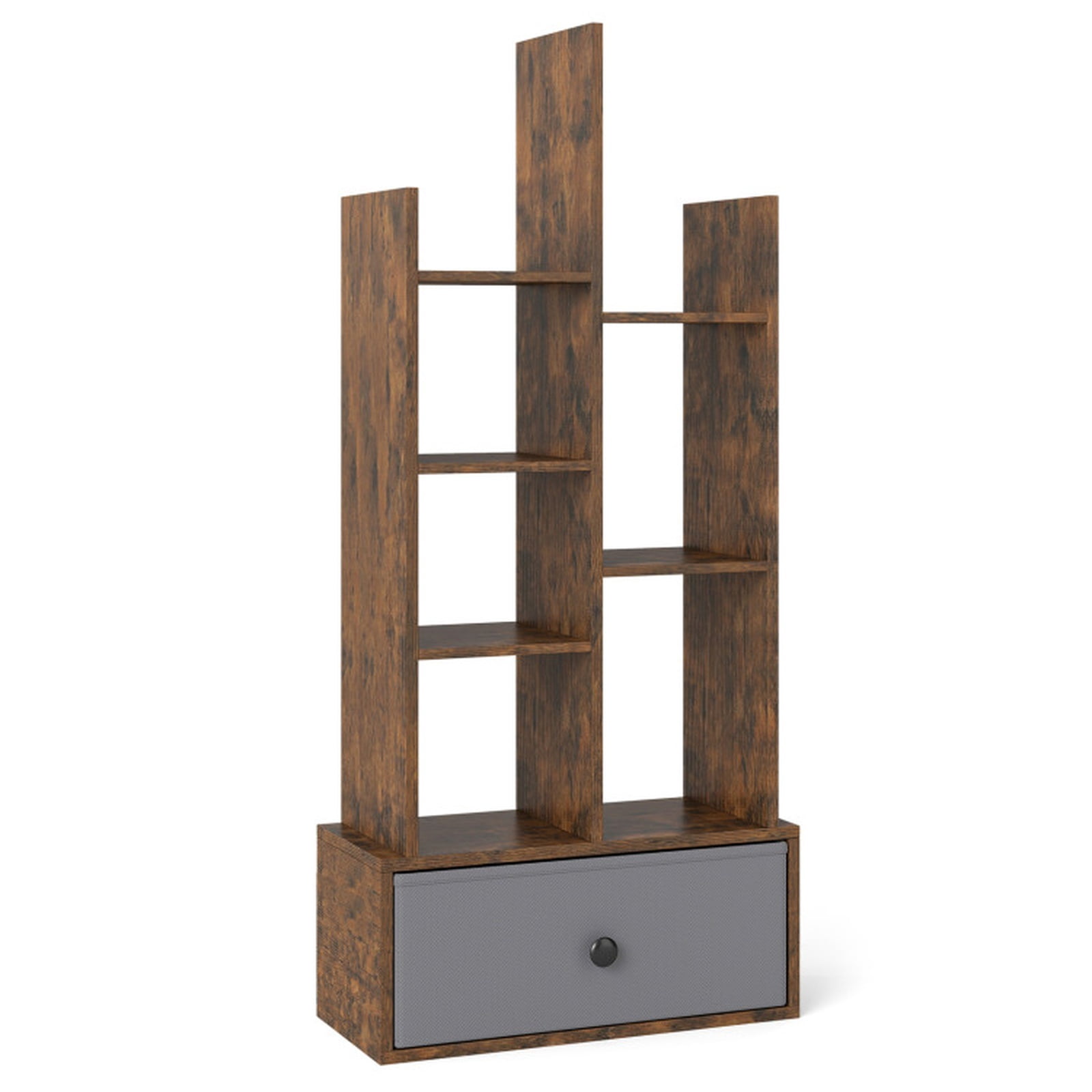 Furnibear 7-Tier Open-Back Tall Bookshelf with Fabric Drawer and Anti-Toppling Kits Freestanding Wood Storage for Home Office, Rustic Brown