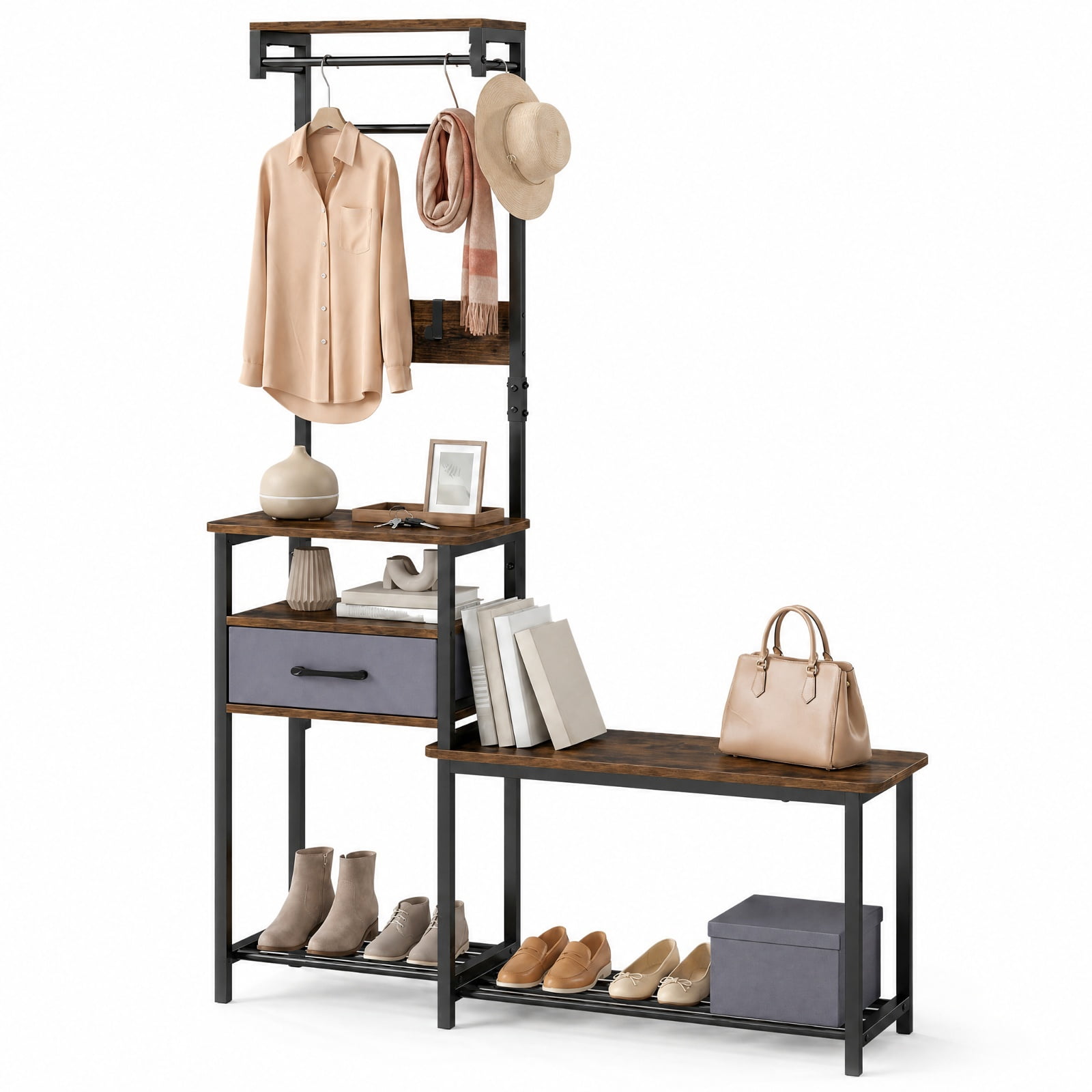 Furnibear 7 in 1 Slim Hall Tree with Shoe Bench and Hooks and Removable Fabric Drawer for Narrow Entryway and Hallway, Rustic Brown