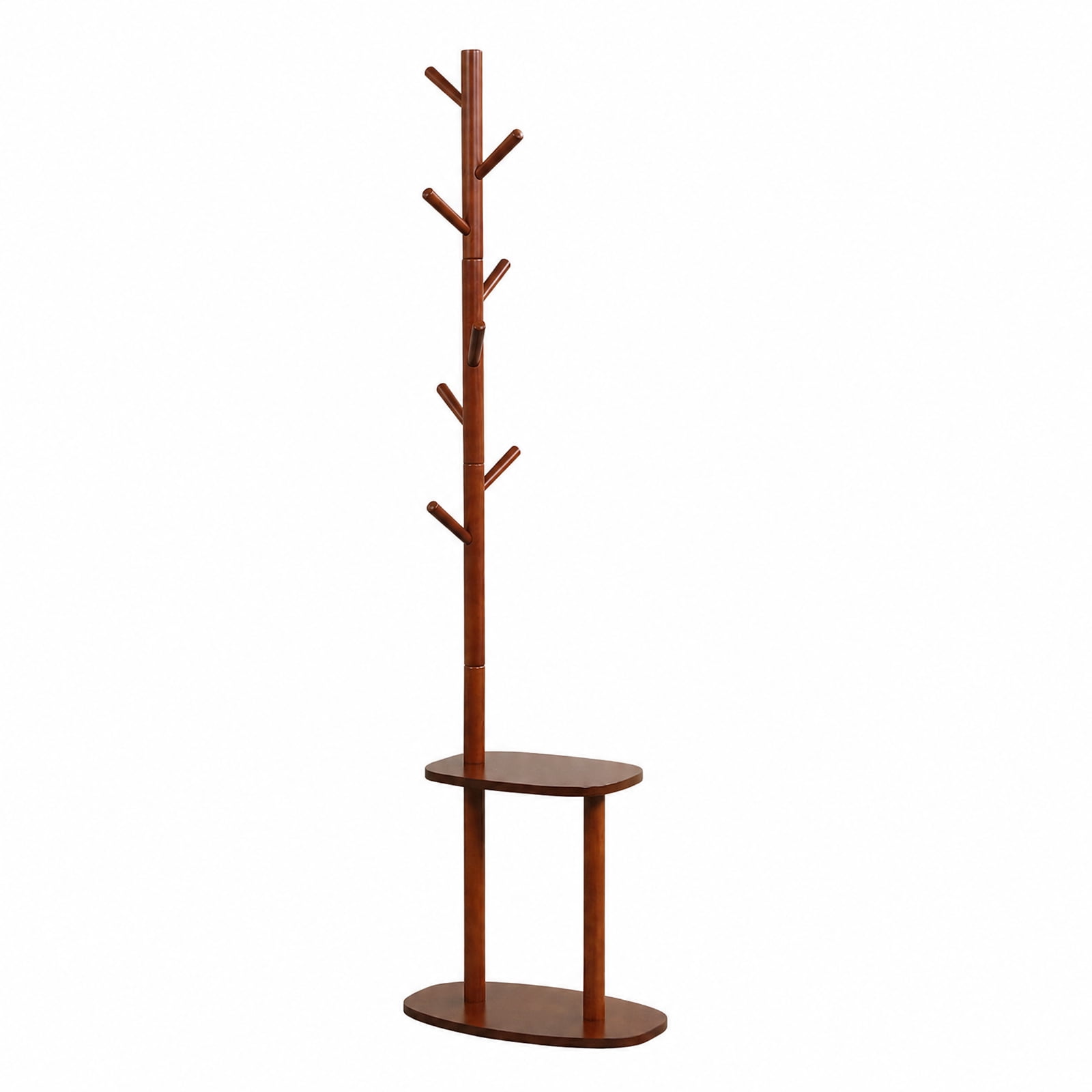 Furnibear 70 Inch Freestanding Coat and Hat Rack Stand with 8 Rubber Wood Hooks and 2 Storage Shelves for Entryway Bedroom Living Room, Walnut