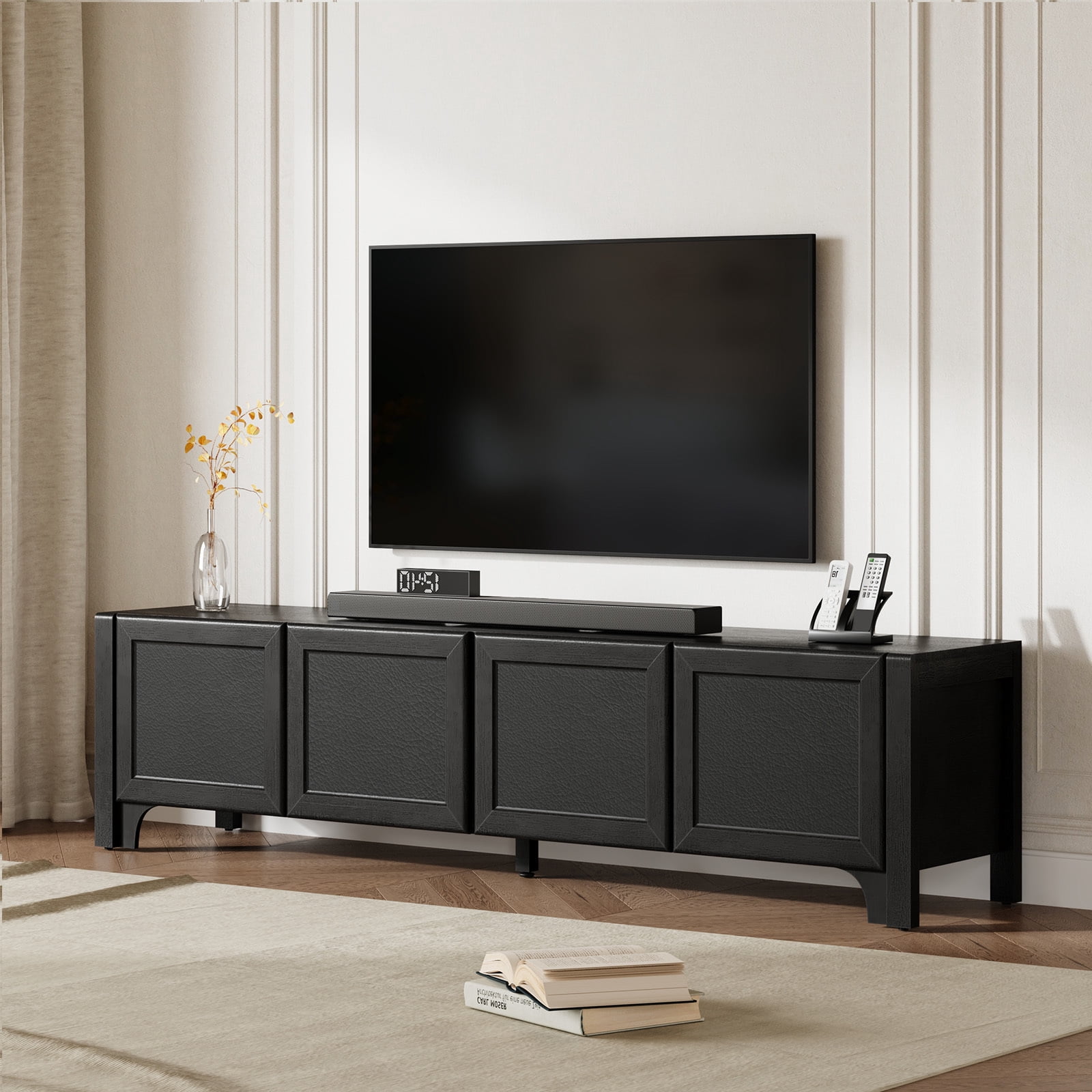 Furnibear 70" Modern TV Stands for 65 70 Inches TV, Media Console, Leather-Wrapped Door Panels TV Entertainment Center with Cabinet Storage for Bedroom Living Room,Black