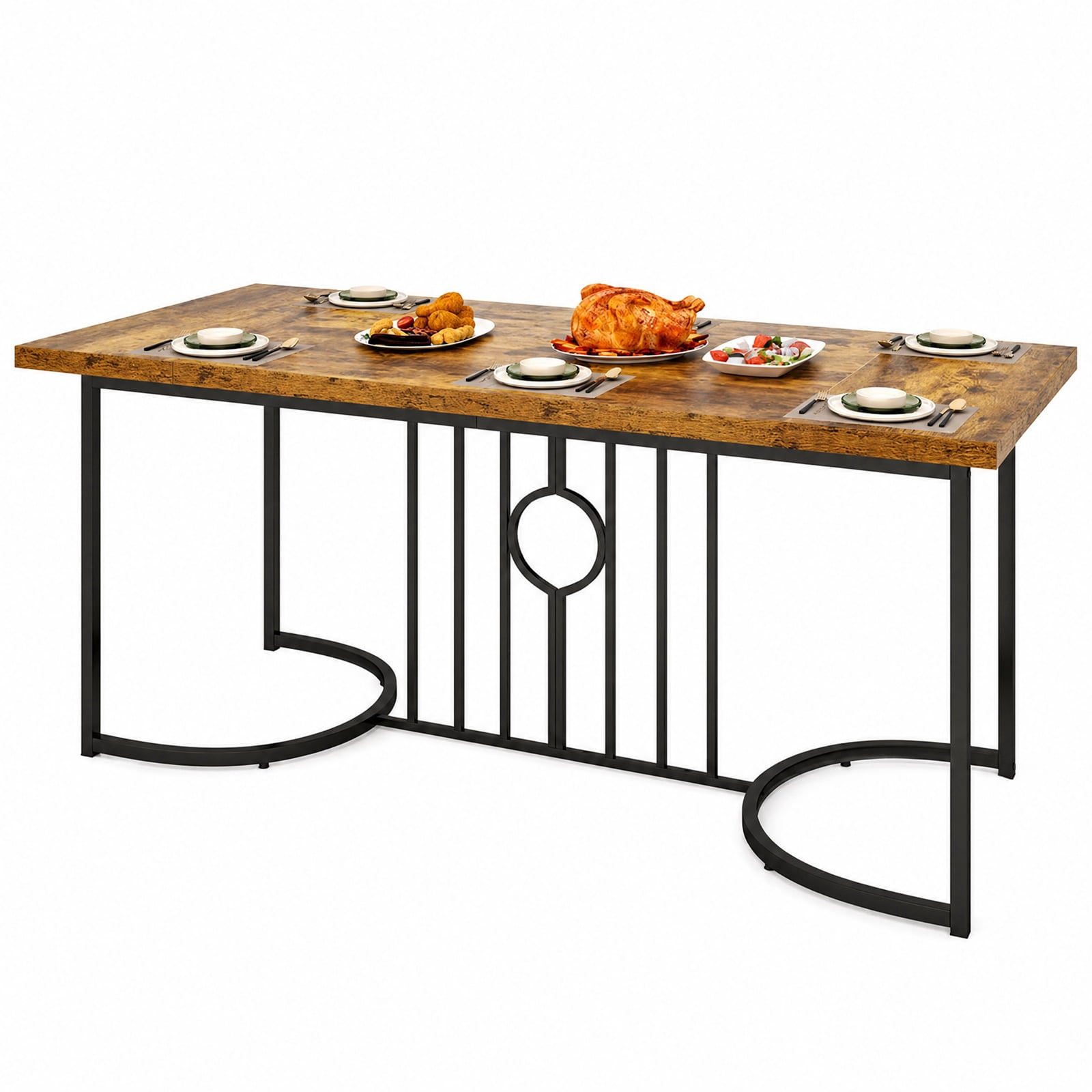 Furnibear 71 Inch Large Rectangular Dining Table for 6 to 8 People with Heavy Duty Metal Frame for Kitchen and Restaurant, Rustic Brown