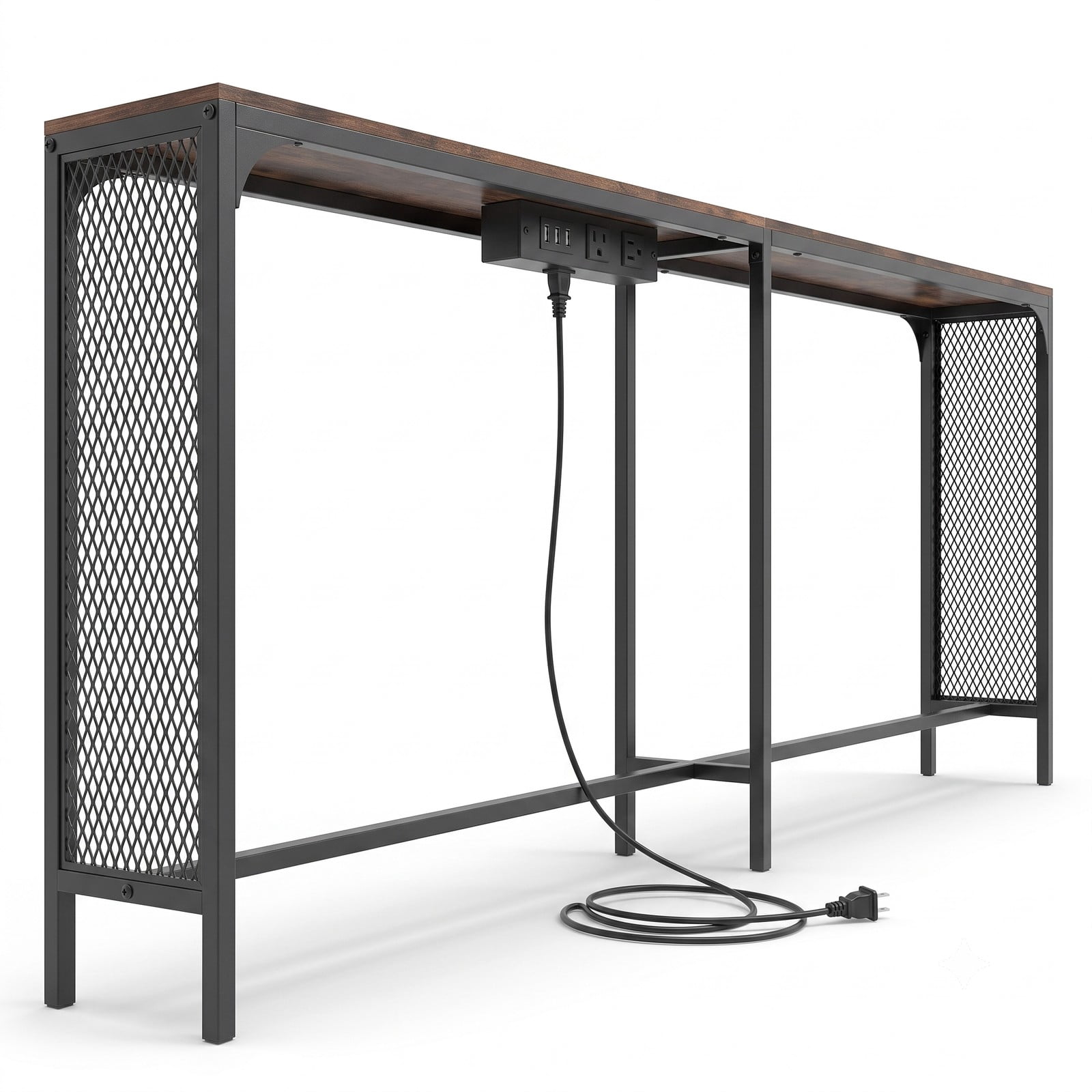 Furnibear 71 Inch Narrow Console Table with Power Outlet and USB Ports and Metal Mesh Frame for Small Space, Rustic Brown