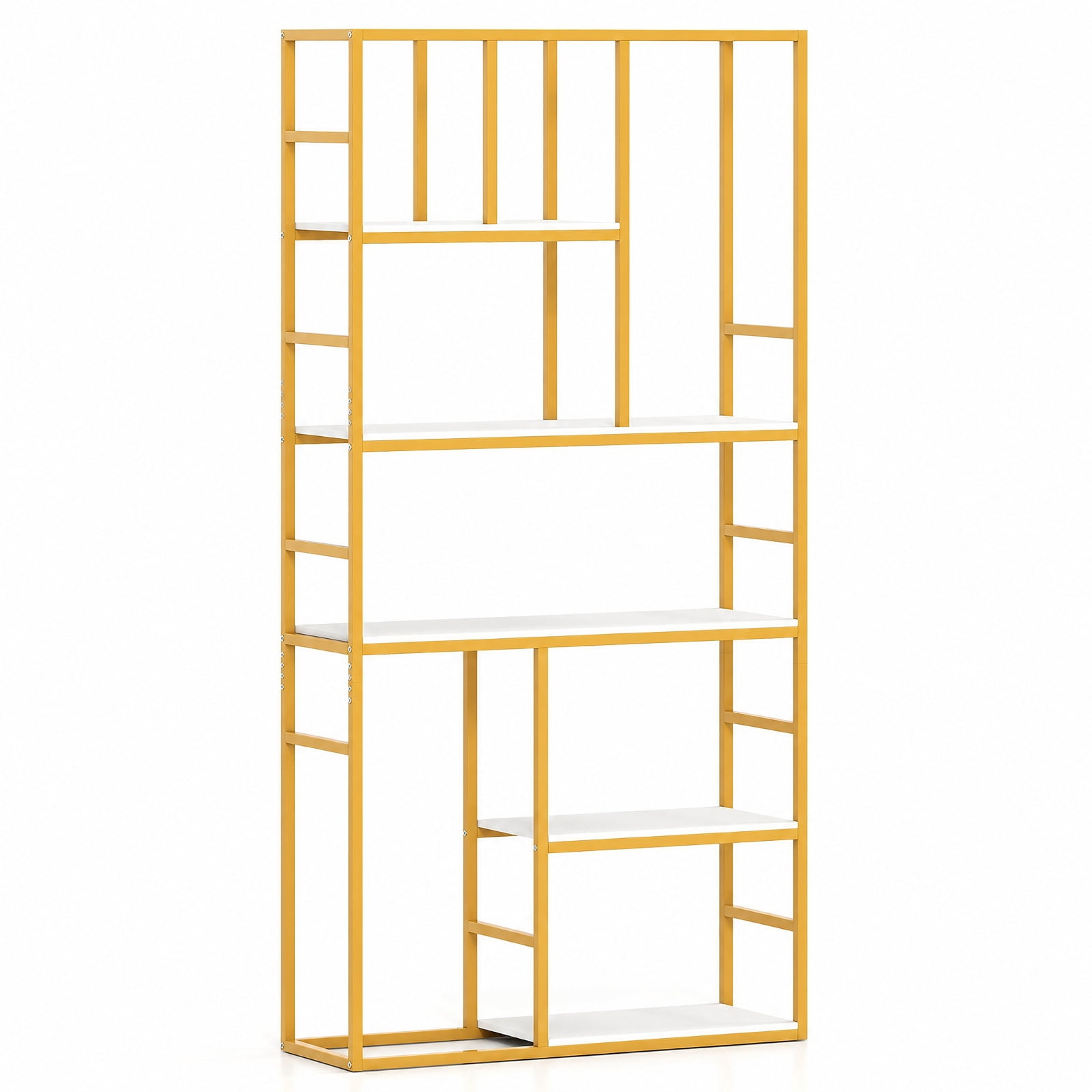 Furnibear 71 Inch Tall Bookshelf Metal Frame 5-Tier Geometric Bookcase-White & Golden for Living Room Home Office Bedroom Display Storage Shelf, White