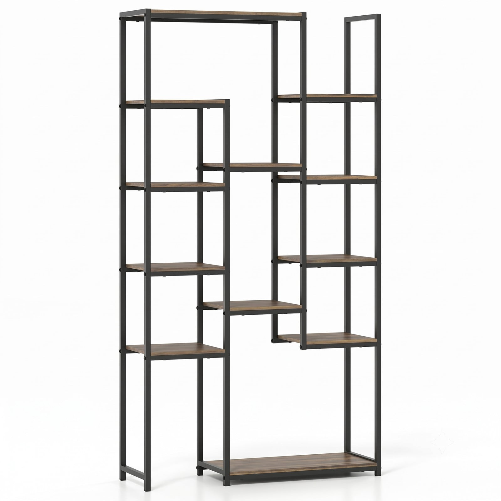 Furnibear 71 Inch Tall Vintage Geometric Bookshelf, 12 Open Shelves Freestanding Bookcase, Industrial Wood and Metal Display Storage Rack with Anti-Tipping Kit, Walnut