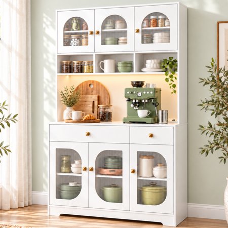 Furnibear Pantry Cabinet with LED Lighting and Charging Station, 69" Tall Pantry Cabinet with Doors