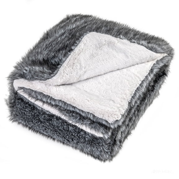 Furnibear 740GSM Faux Wolf Fur Throw Blanket for Sofa and Bed, Thick Soft Plush Fuzzy Luxury Fur Blanket Warm Cozy Throw, Gray