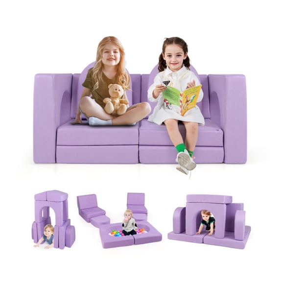 Furnibear 8-Piece Modular Kids Play Sofa Set with Luxe Suede Removable Covers, High Density Sponge Foam Convertible Couch Builds Beds Forts and Climbers for Toddler Playroom Family Room, Purple
