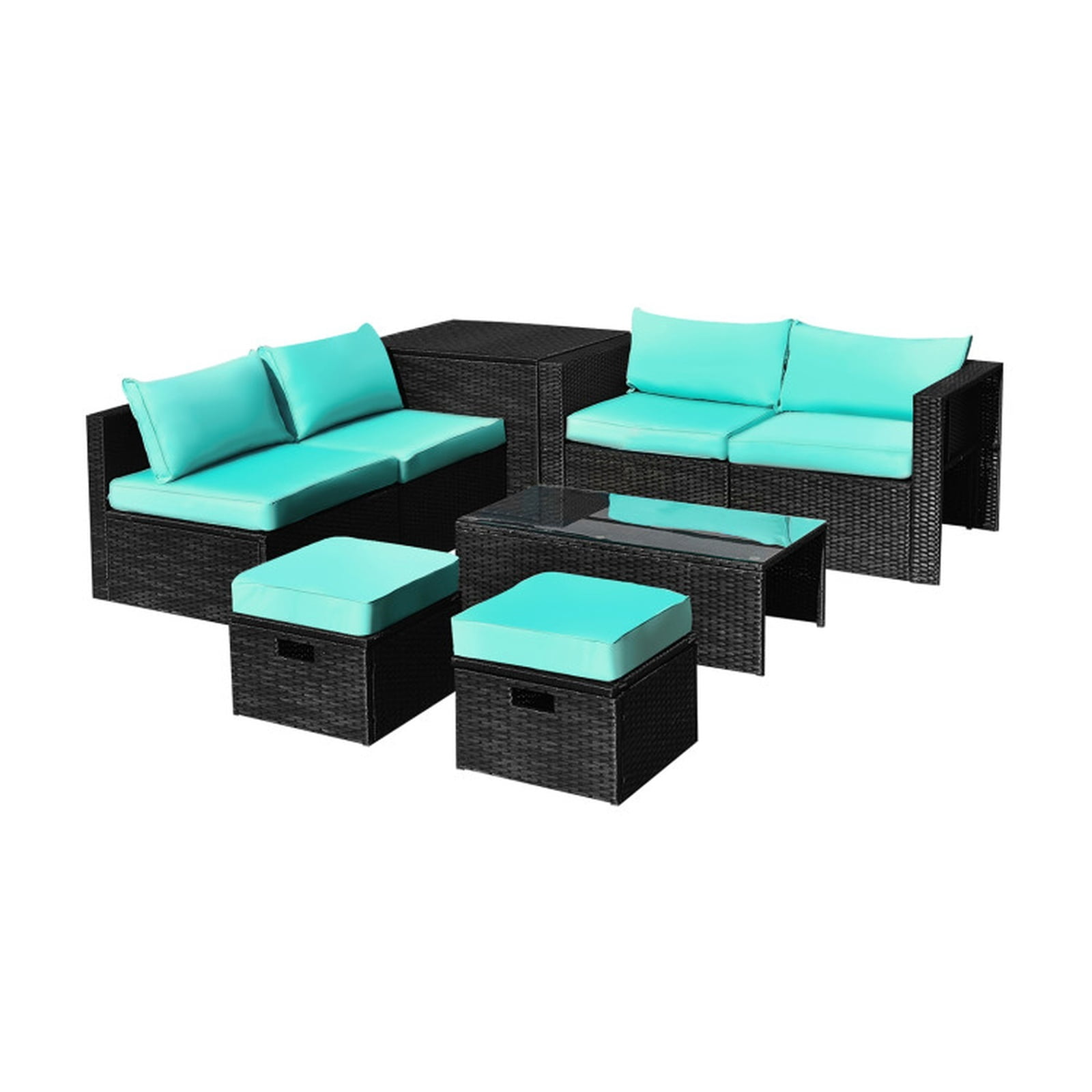 Furnibear 8 Pieces Patio Rattan Furniture Set Outdoor Wicker Conversation Sofa Set with Storage Table Tempered Glass Top and Cushions for Backyard, Turquoise