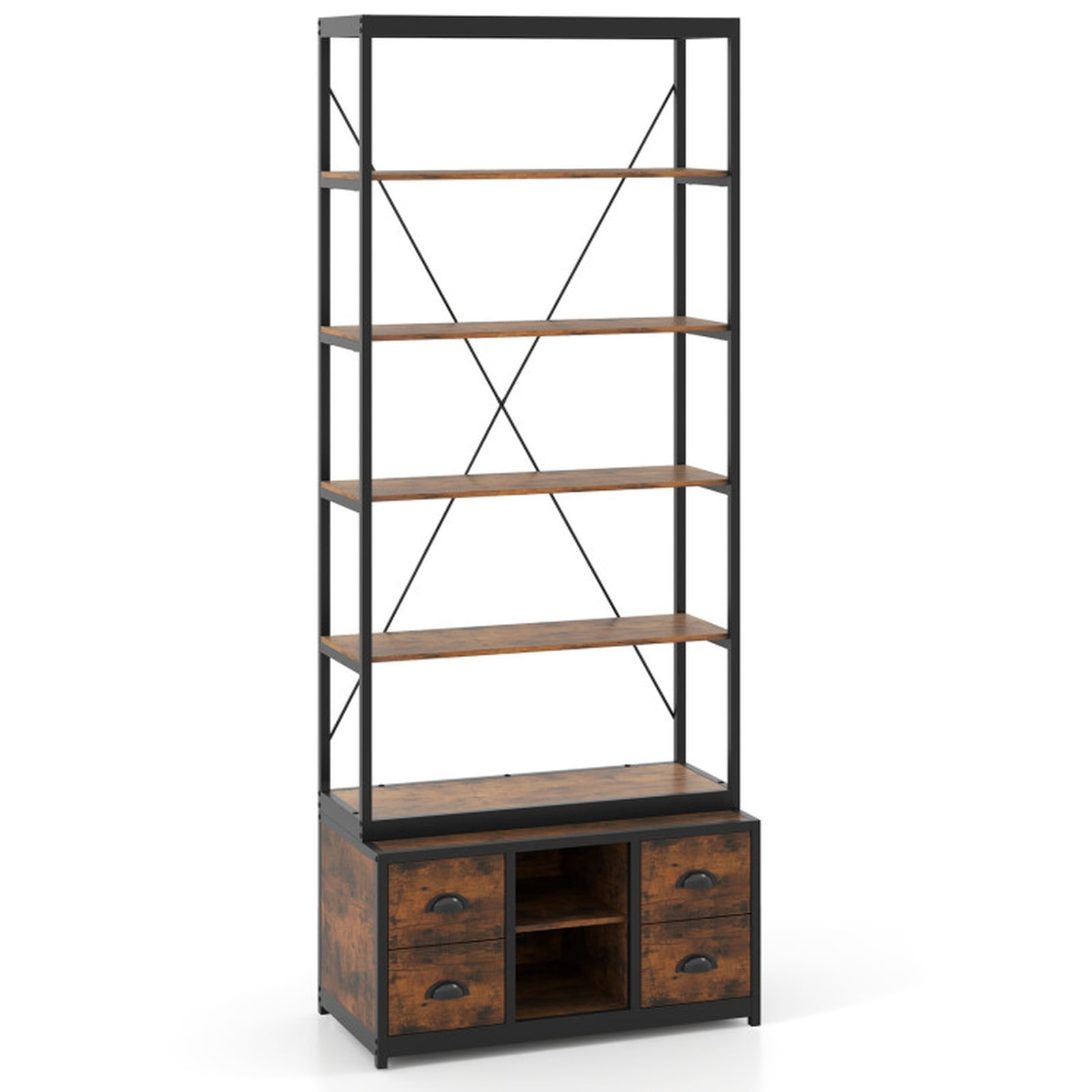 Furnibear 8-tier Bookshelf with 4 Fabric Drawers and Heavy-duty Metal Frame Rustic Brown, 31.5" x 16" x 79"