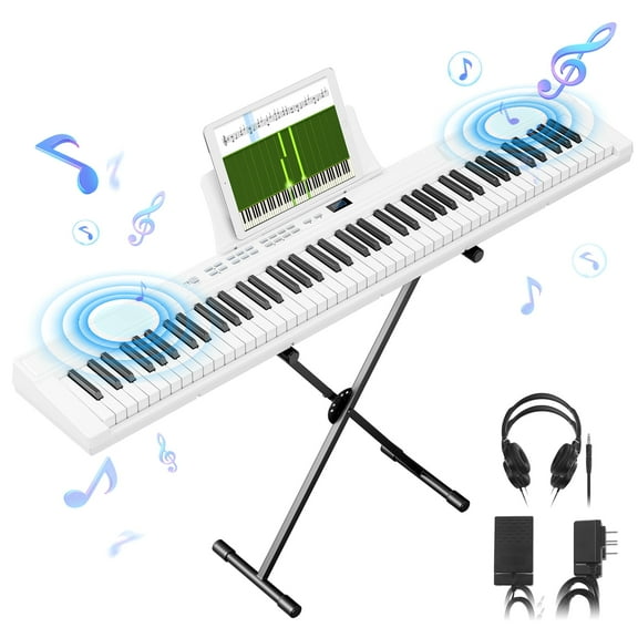 Furnibear 88 Key Piano Keyboard Semi Weighted Electric Keyboard Piano with Stand, Pedal, Headphones, Carrying Case, White