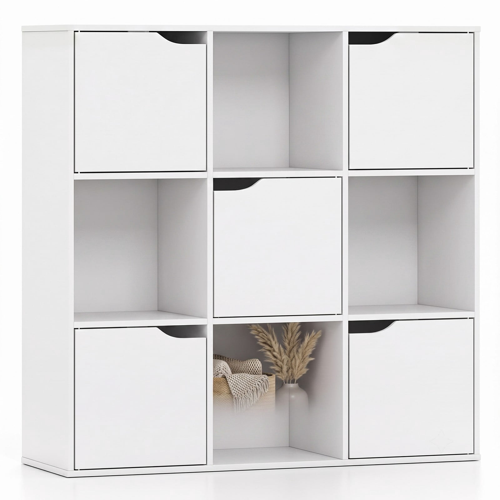 Furnibear 9 Cube Storage Bookcase, Free Standing Wood Divider Organizer with 4 Open Cubes and 5 Cabinets for Home Office Living Room Bedroom, White