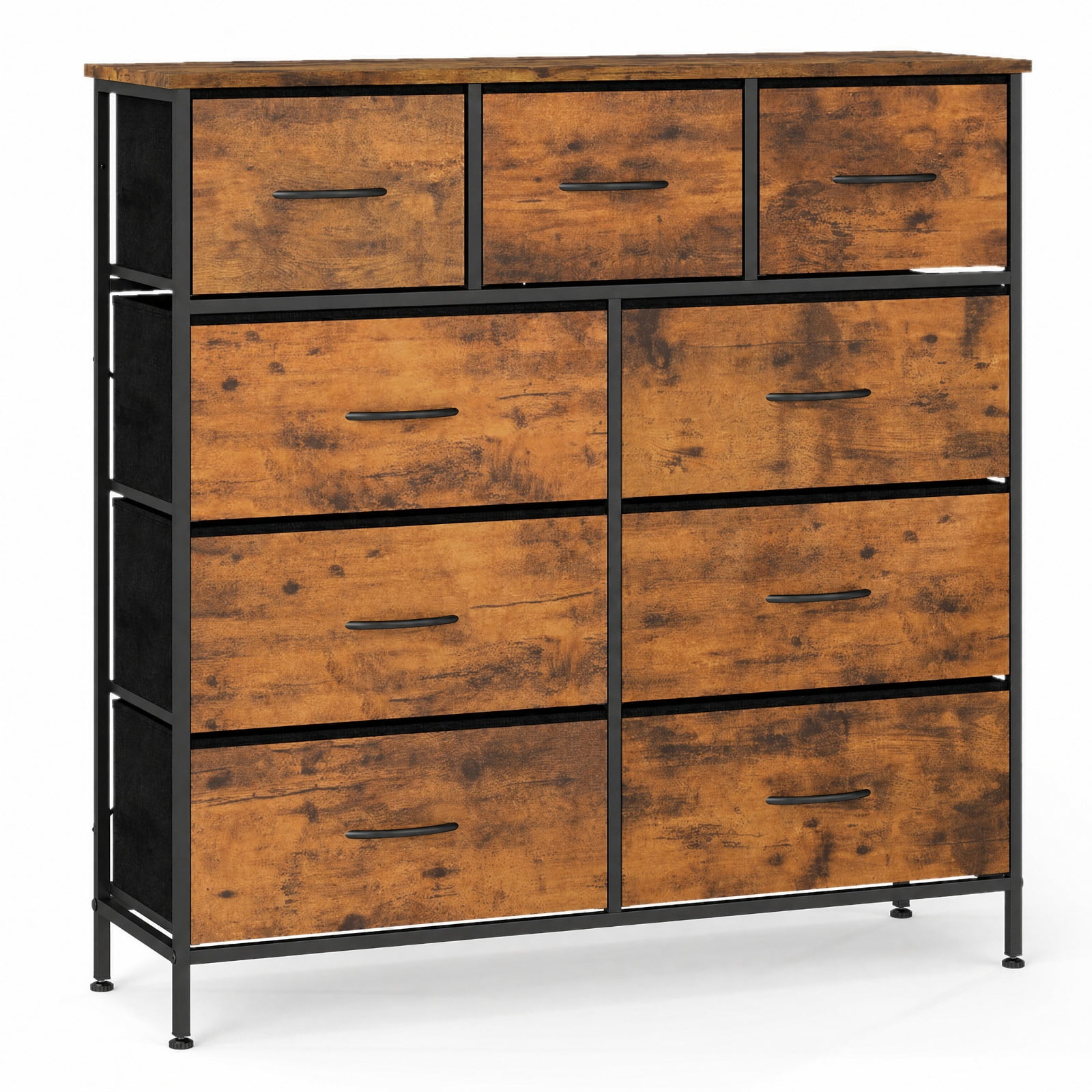 Furnibear 9-Drawer Fabric Dresser with Wooden Top for Bedroom for Bedroom Closet Living Room Nursery Clothes Storage, Rustic Brown