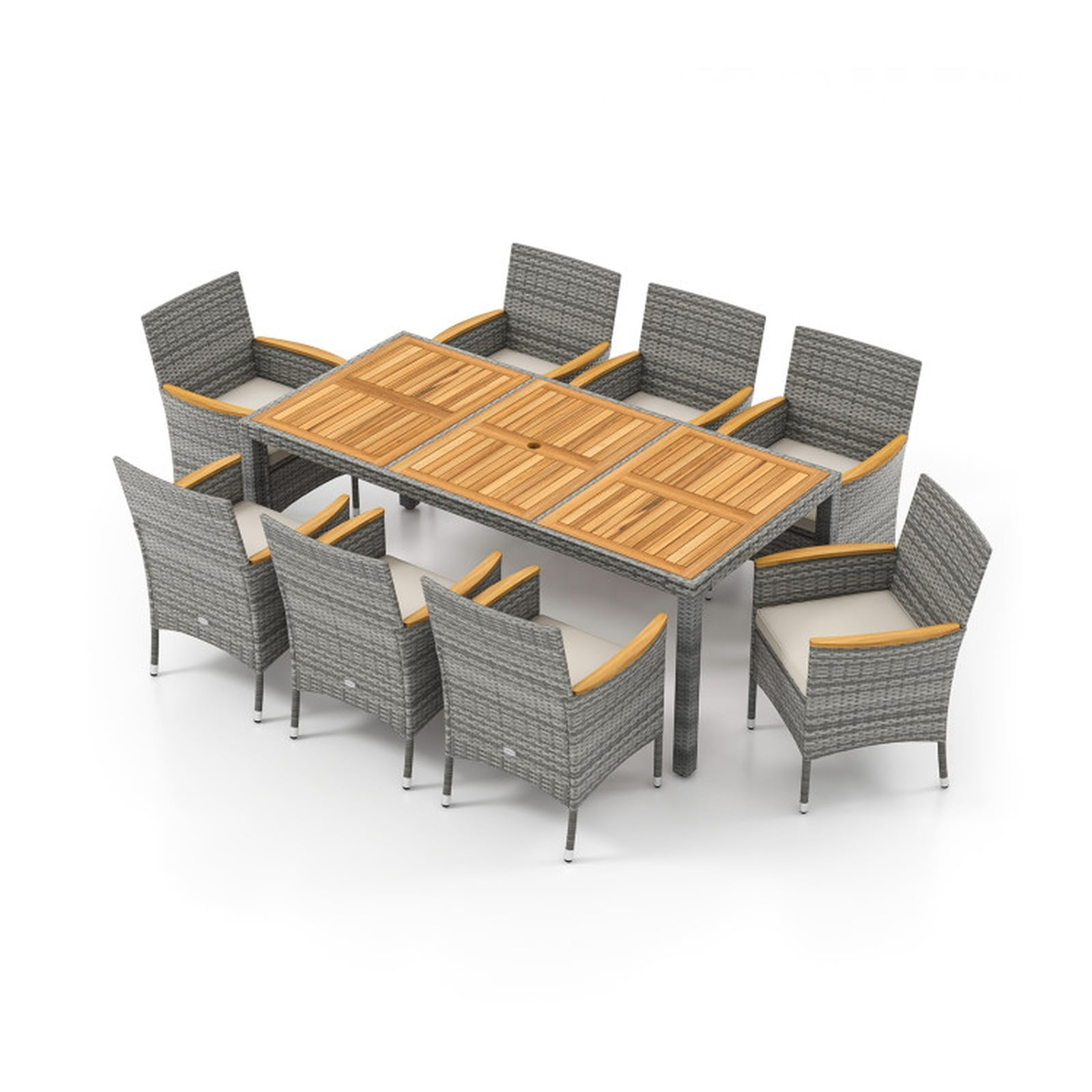 Furnibear 9 Piece Patio Wicker Dining Set Outdoor Conversation Set with Cushioned Chairs and Large Table for Deck Garden, Gray and Off White
