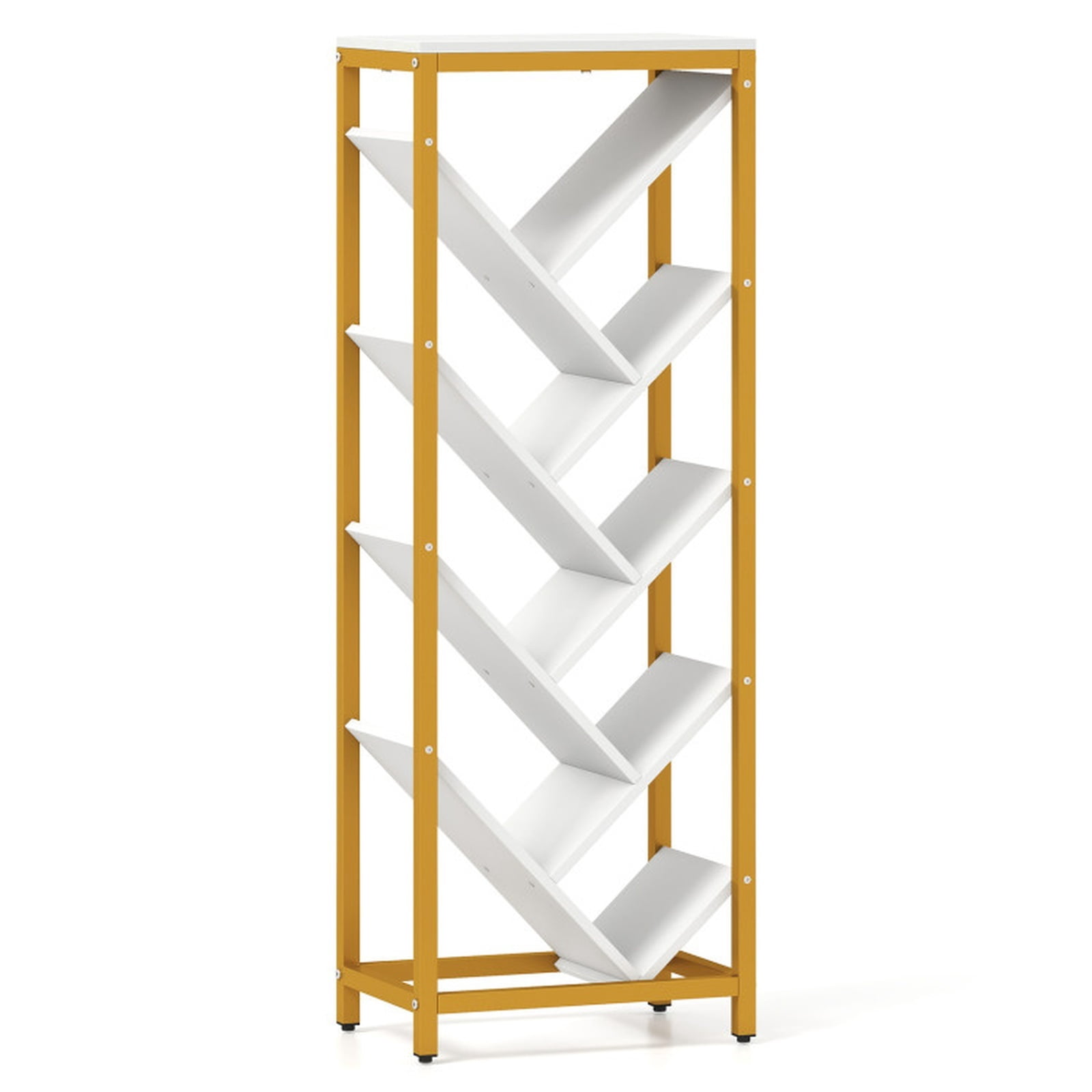 Furnibear 9-Tier Freestanding Tree Bookcase Tall Wood Bookshelf with Staggered Open Shelves and Sturdy Metal Frame for Books, White