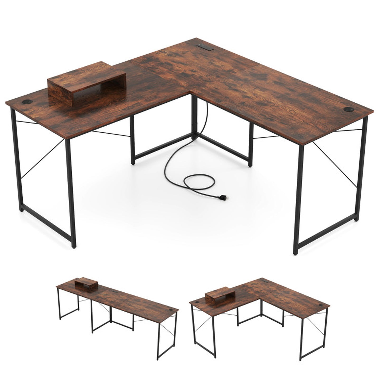 Furnibear 95 Inch 2-Person L-Shaped Reversible Computer Desk with Monitor Stand and Cable Holes for Home Office and Study, Rustic Brown
