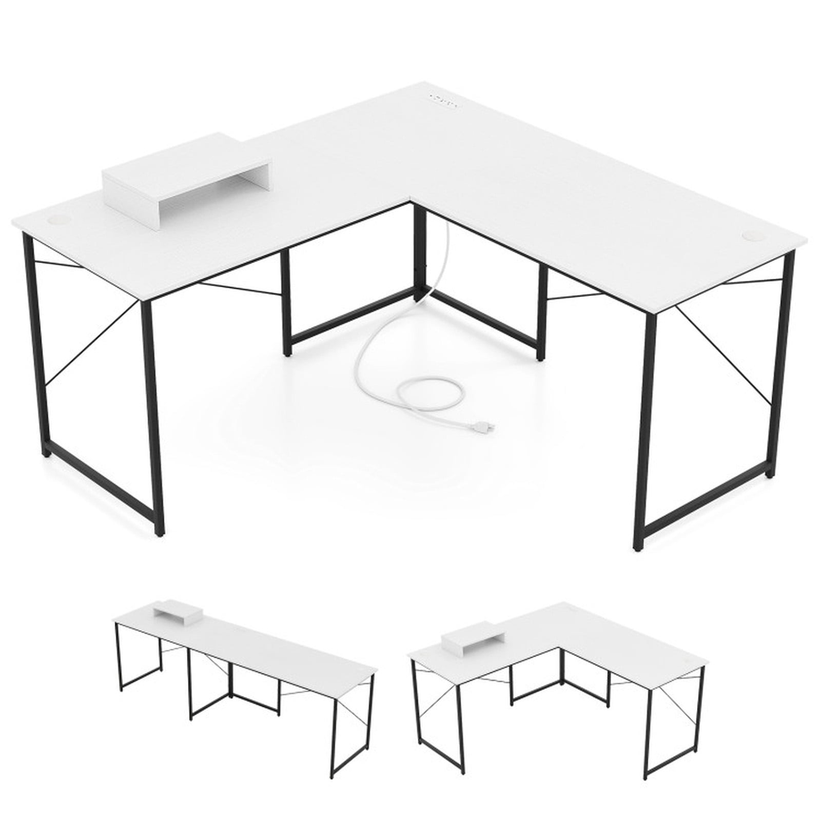 Furnibear L Shaped Computer Desk with Power Outlets and Monitor Shelf, 95 Inch Reversible 2 Person Desk with Steel Frame for Home Office Study Room