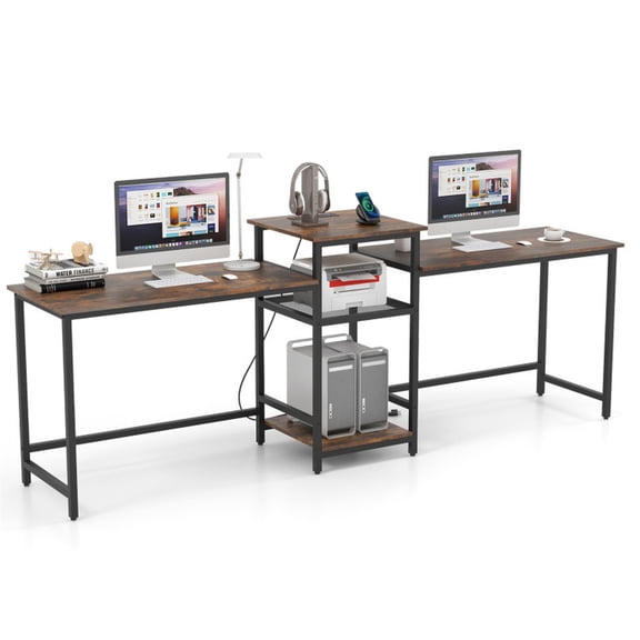 Furnibear 97 Inch 2 Person Computer Desk with Power Outlet USB Ports Printer Stand Mesh Shelf Heavy Duty Metal Frame Office Rustic Brown